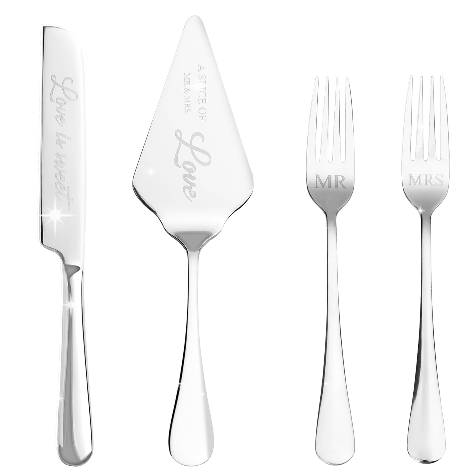 Elegant Silver Wedding Cake Knife and Server Set with Forks - 4 Piece Mr & Mrs Cake Cutting Set for Bride and Groom | Perfect for Wedding Ceremonies, Bridal Showers, Engagement, Anniversary & Birthday Gifts