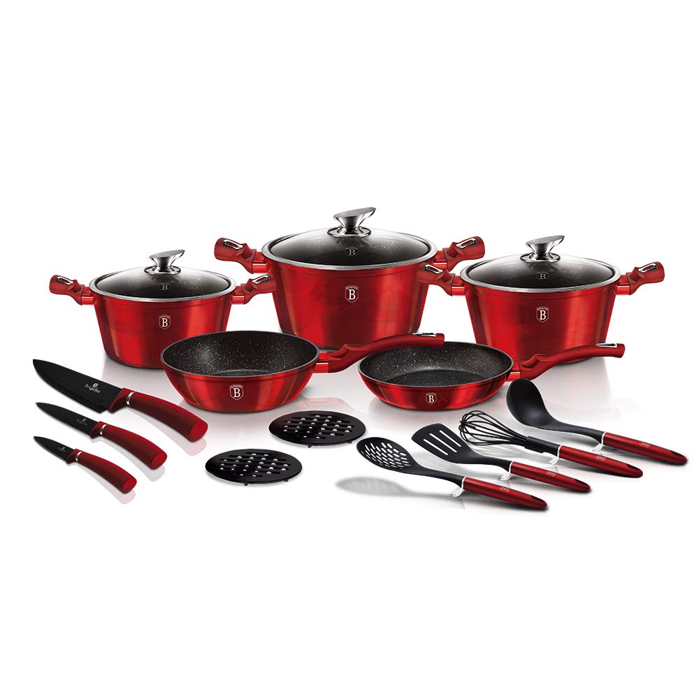 Berlinger Haus 17-Piece Nonstick Cookware Set with Utensils & Knife Set - Turbo Induction Pots & Pans, Ergonomic Handles, Dishwasher Safe (Red) - Perfect for Home Cooking, Professional Chefs & Gift Giving