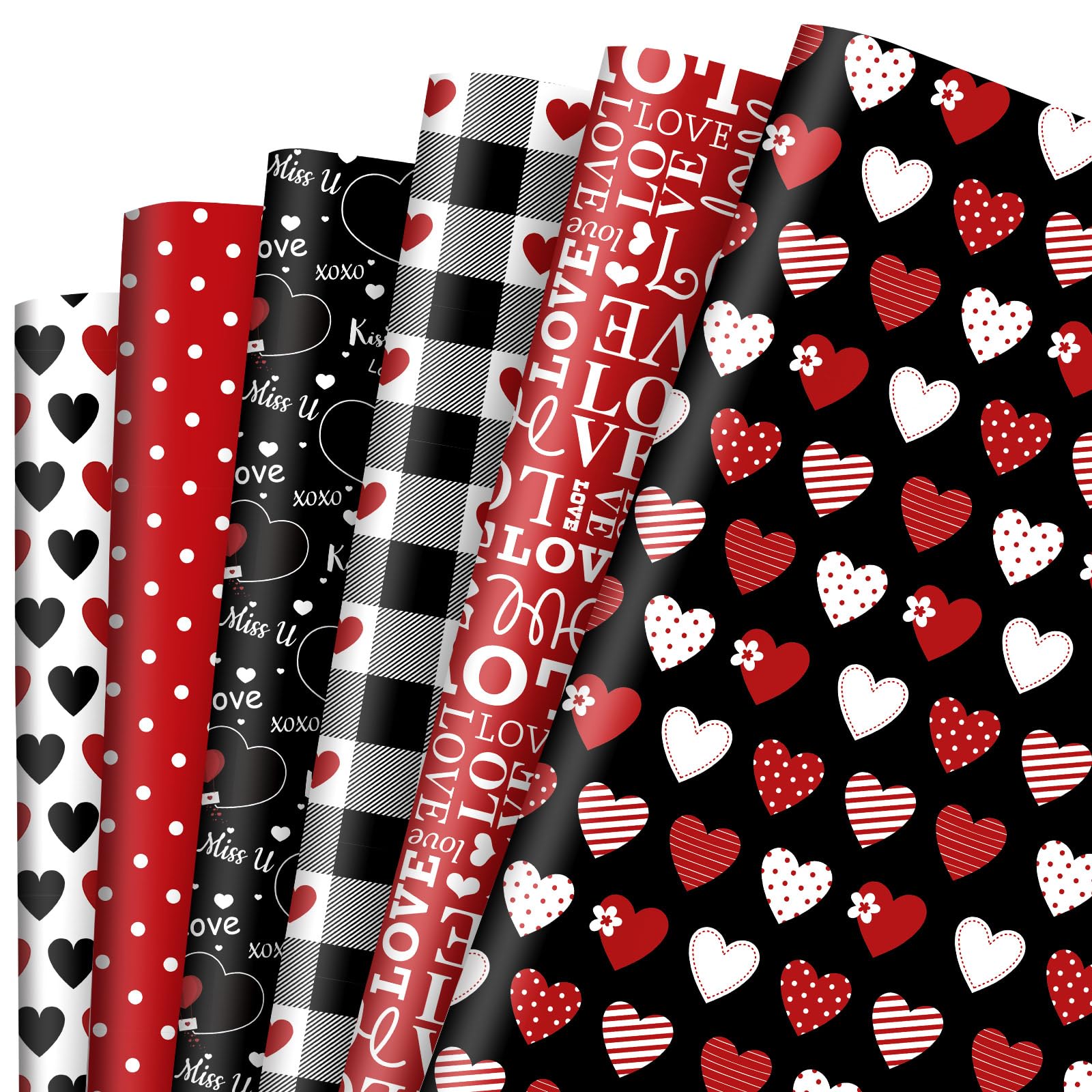 Whaline 12 Sheet Valentine's Day Wrapping Paper - Heart Love Plaid Design, Black Red Gift Wrap Paper Bulk for DIY Crafts, Wedding, Anniversary, Party, Gift Packing Supplies (19.7x27.6 Inch) - Perfect for Christmas, Birthday, Romantic Surprises & Special Occasions
