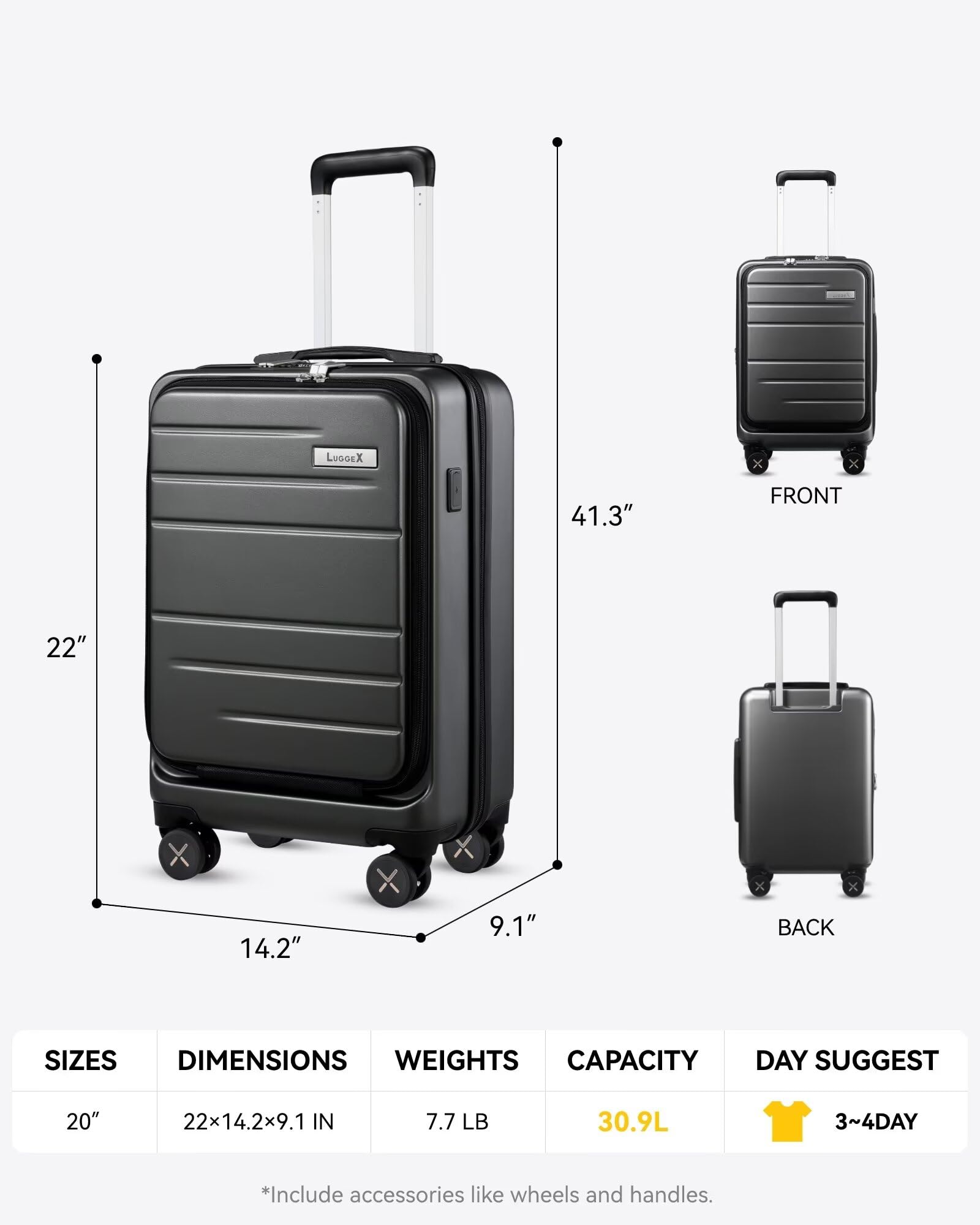 LUGGEX 20 Inch Carry On Luggage - Airline Approved Polycarbonate Hard Suitcase with Front Pocket (35L, Charcoal Metallic) - Perfect for Business Travel & Weekend Getaways