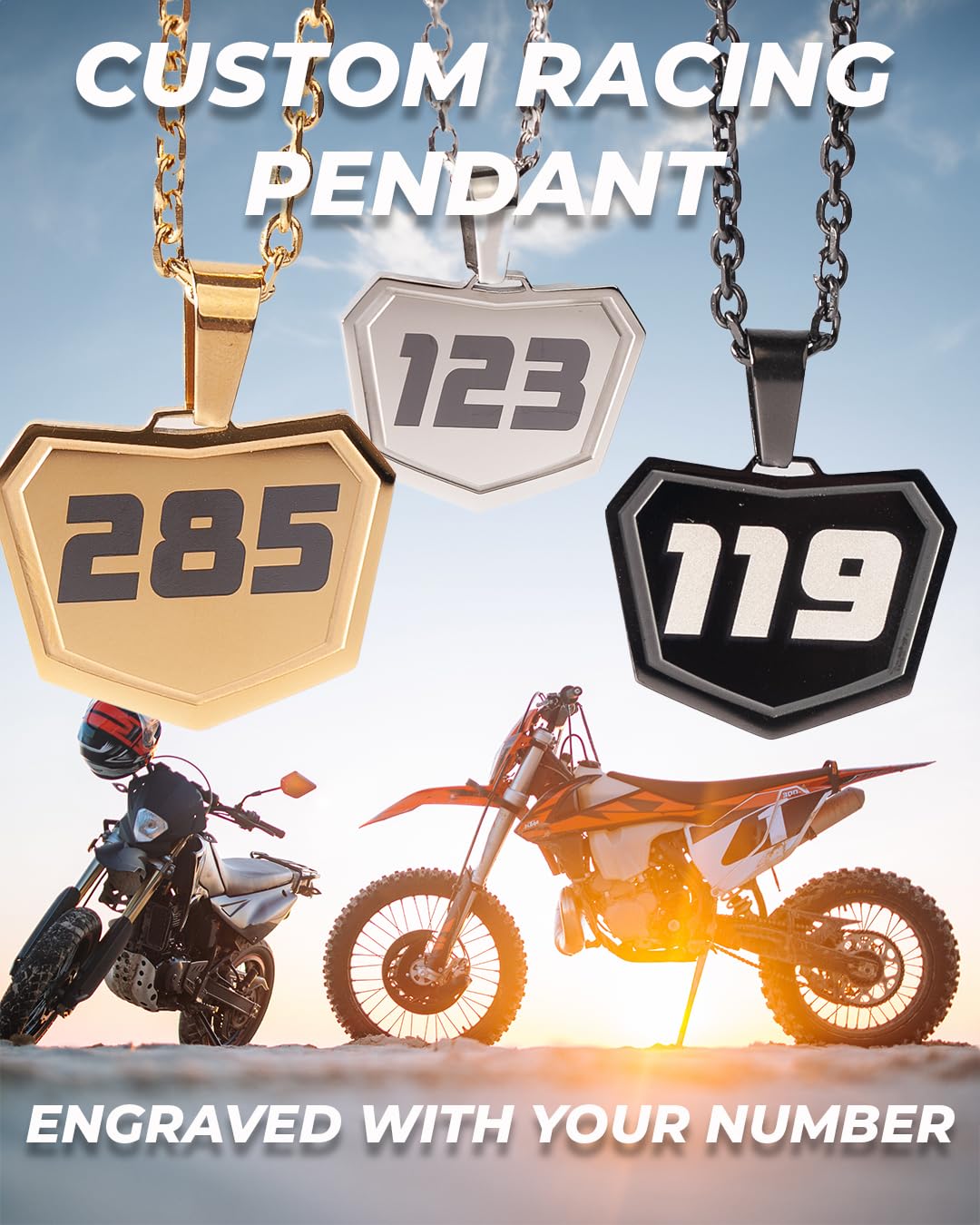Motocross Number Necklace for Dirt Bike Racing - Custom 3 Digit Pendant Jewelry for Riders & Fans - Perfect for Motocross Events, Gifts & Everyday Wear