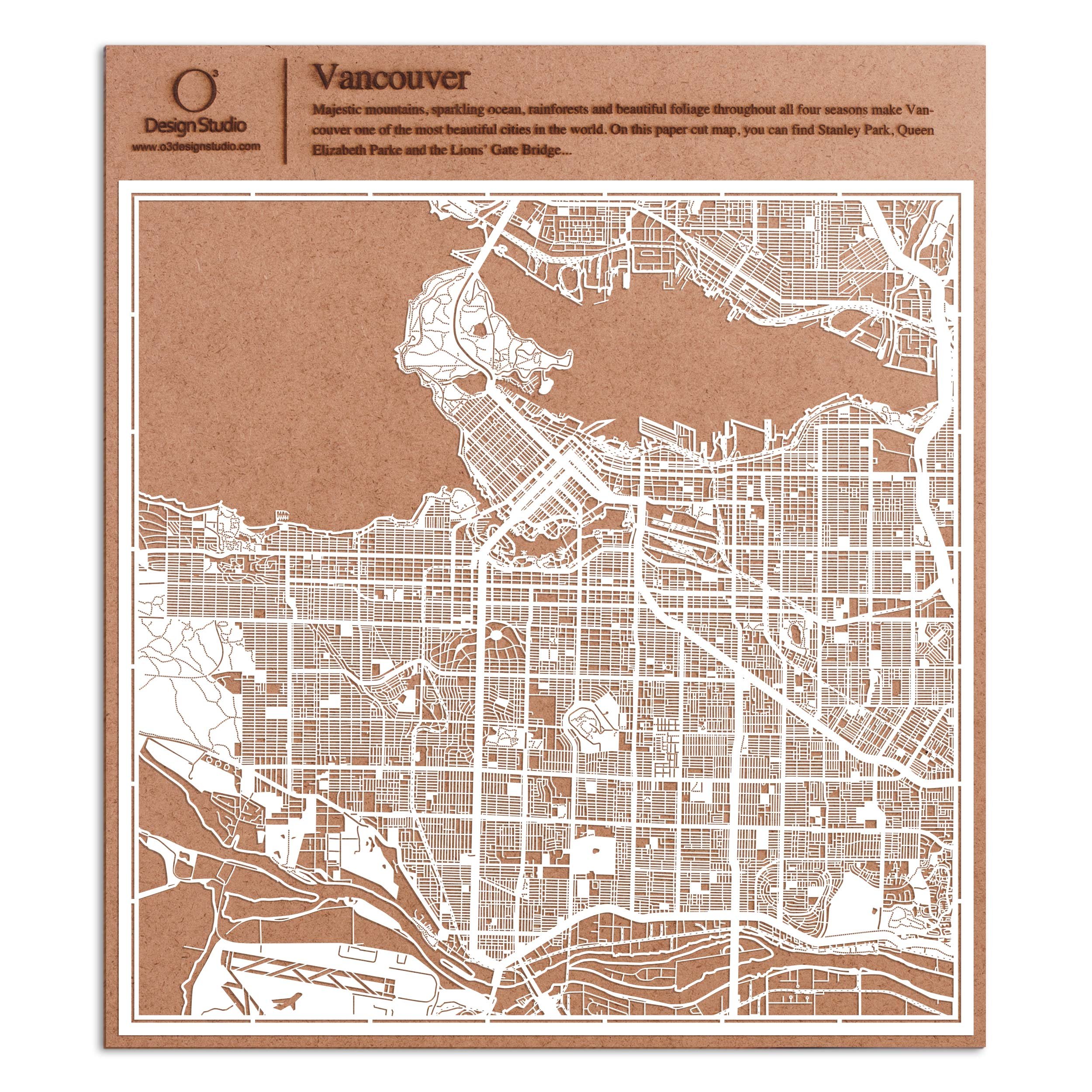 Vancouver Paper Cut Map Wall Art - 12x12 Inches White Paper Cityscape by O3 Design Studio | Perfect for Home Decor, Office & Gift Giving