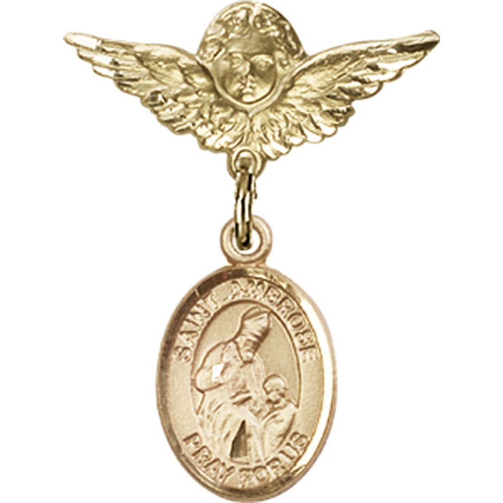 St. Ambrose Gold Filled Baby Badge Pin with Angel Wing Charm - 1 x 3/4 Inch Religious Jewelry for Christening, Baptism & First Communion Gifts