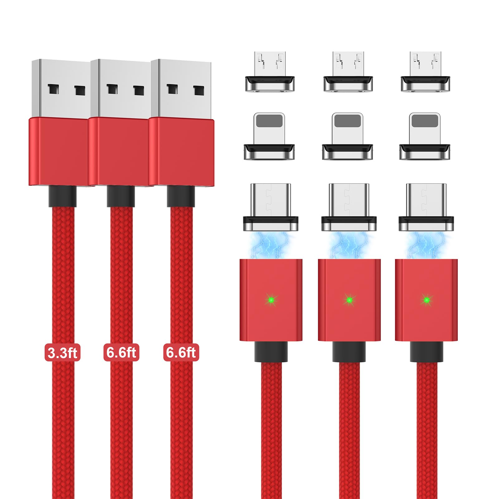 3-Pack Magnetic Charging Cable Set - 3A Fast Charging (3.3ft/6.6ft/6.6ft) with LED Light | Nylon Braided 3-in-1 Magnetic Phone Charger for USB-C & Micro-USB Devices | Perfect for Home, Office & Travel Use - Red