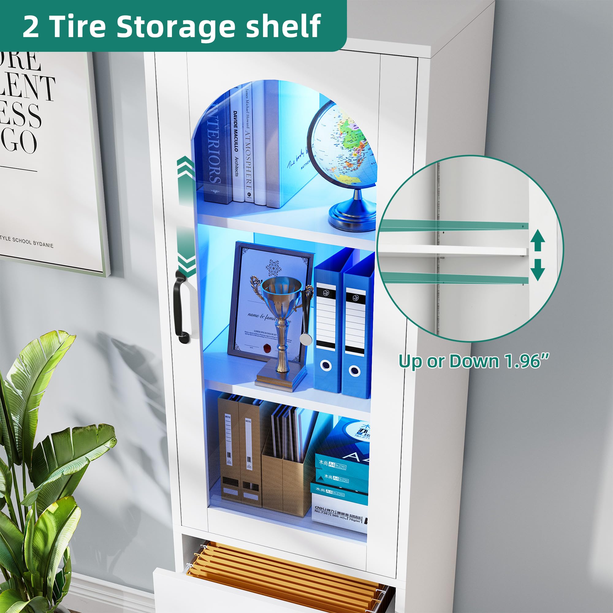 YITAHOME 2-Drawer File Cabinet with Bookshelf & Glass Doors - LED Light, Printer Stand & Storage Shelf - Wood Home Office Cabinet Fits Letter, Legal & A4 Size (White) - Perfect for Organizing Documents & Office Supplies in Small Spaces