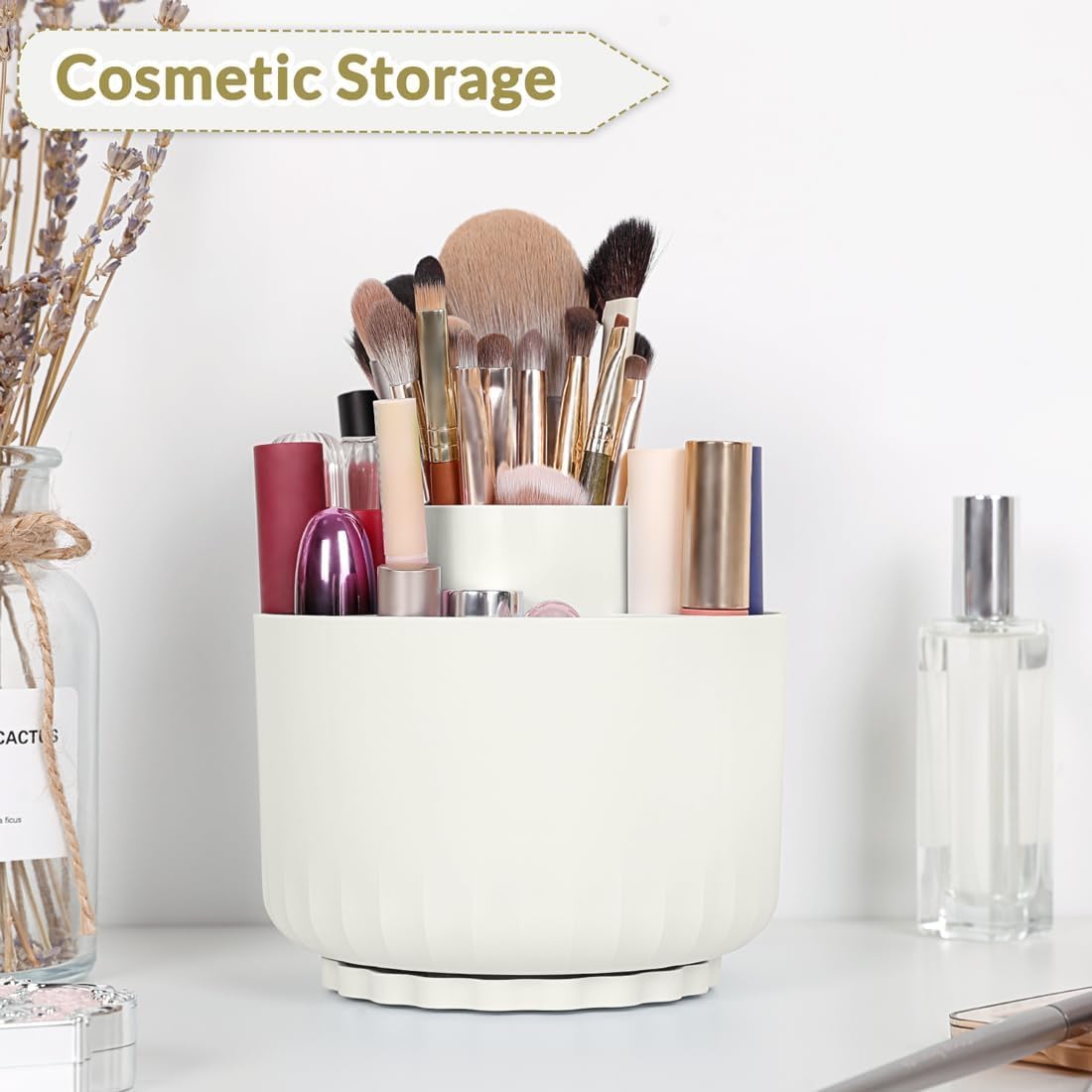SKYDUE 360 Degree Rotating Desk Organizer - 5-Slot Dual-Purpose Pen & Pencil Holder for Office, School & Home - White (12287XZBT) - Perfect for Organizing Stationery, Makeup Brushes & Desk Accessories