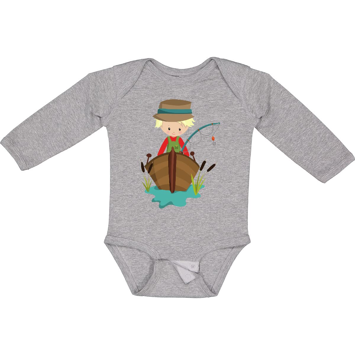 Inktastic Fishing Boy Graphic Tee - Cute Fisherman with Blond Hair and Fishing Rod Long Sleeve Creeper - Perfect for Fishing Enthusiasts & Outdoor Adventures
