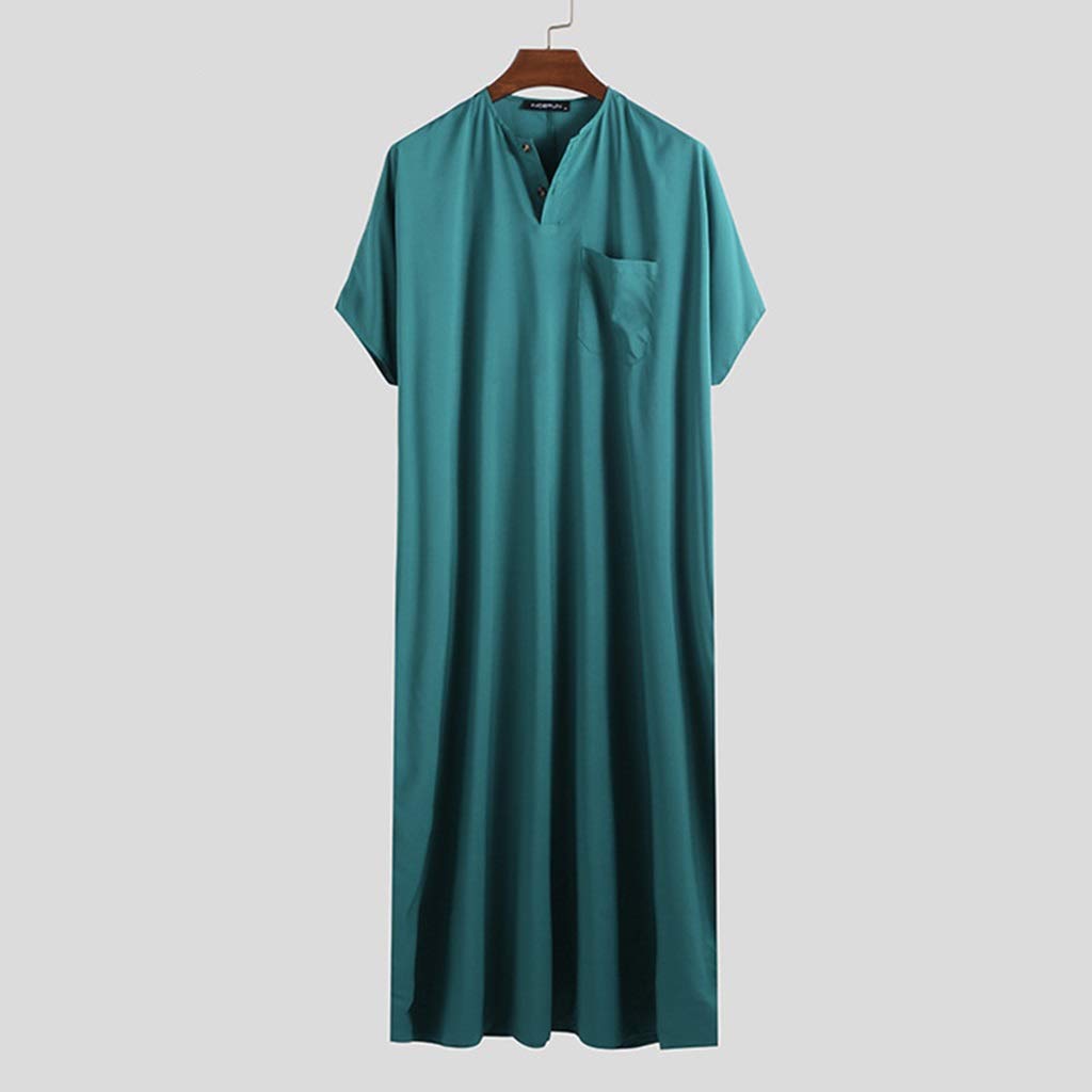 Comfortable Men's V-Neck Short Sleeve Nightshirt - Big & Tall Sleepwear Pajama Set (Green, XXXXX-Large) for Relaxing at Home or Lounging