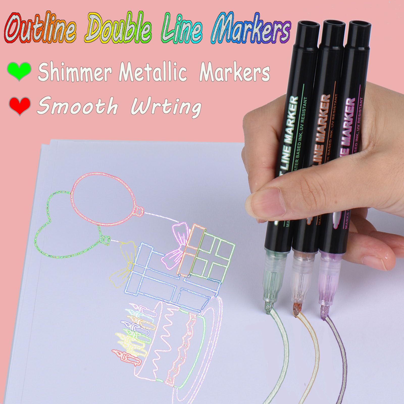 24 Pack Double Line Outline Markers - Metallic Glitter Marker Pens for Art, Drawing, Writing | Perfect for Christmas Cards, DIY Scrapbooking, Easter Egg Decor & Gift Wrapping | Vibrant Shimmer & Self-Outline Effects for Creative Projects