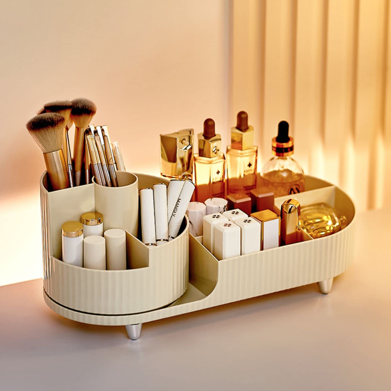 Rotating Makeup Organizer for Vanity - Cosmetic & Skincare Storage - Perfect for Brushes & Lipsticks (Creamy) - Ideal for Beauty Routines