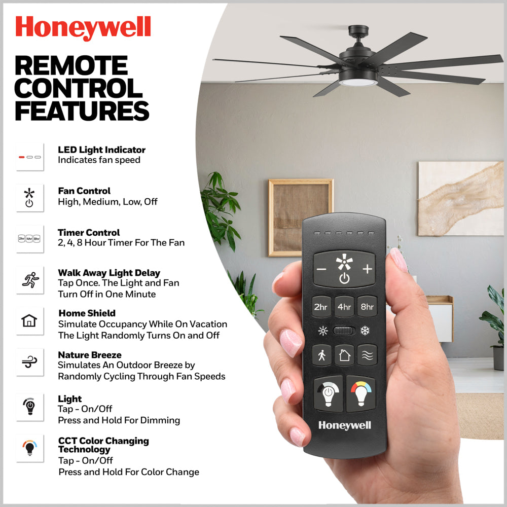 Honeywell Xerxes 70 Inch Smart LED Ceiling Fan with Remote Control - Matte Black Color Changing Light - Perfect for Living Room, Bedroom & Outdoor Spaces