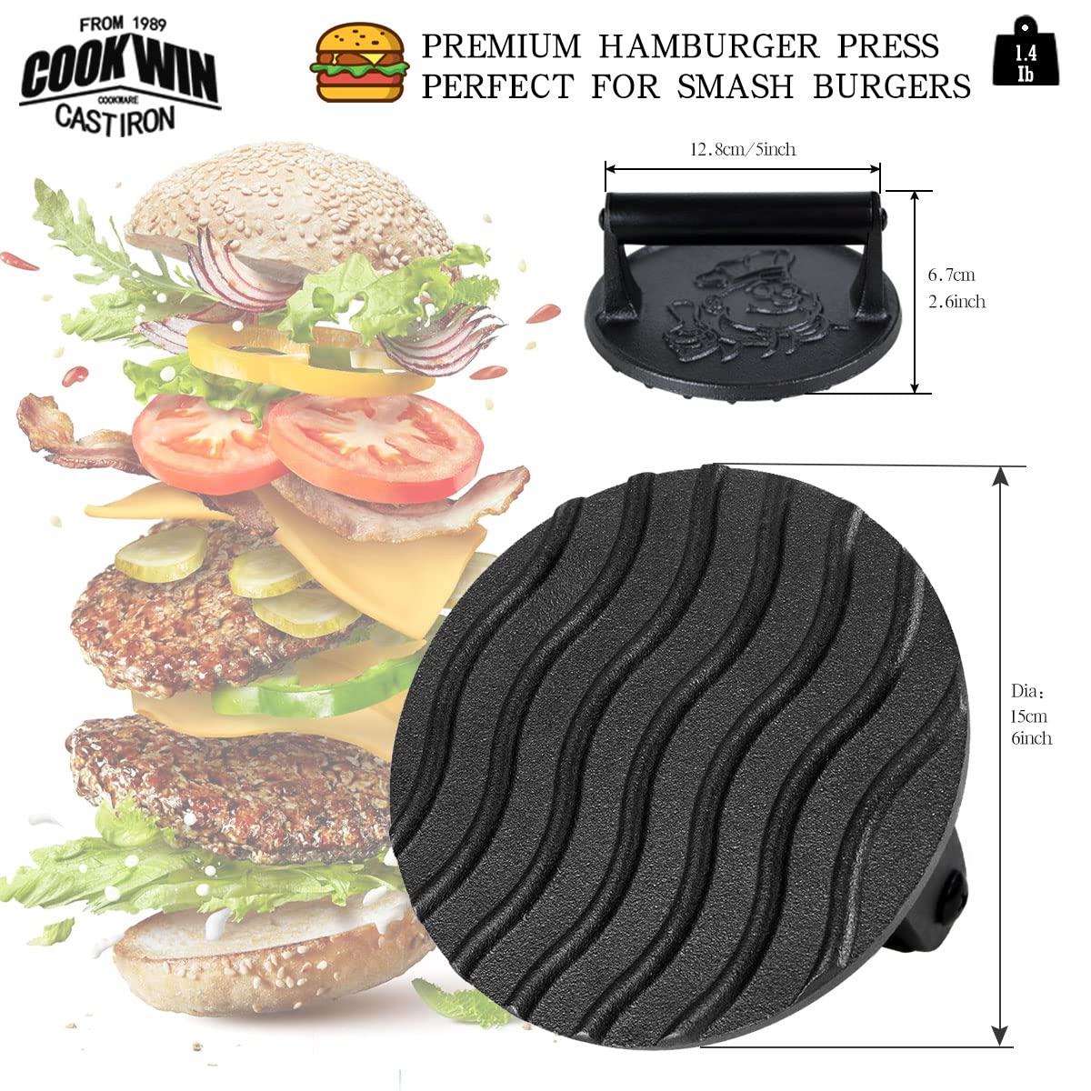 Heavy Duty 6 Inch Cast Iron Smash Burger Press with Heat Insulation Handle - Bacon Press, Sandwich Press & Round Grill Press for Griddle - Includes 50 PC Patty Papers - Perfect for BBQ, Backyard Grilling & Restaurant Use