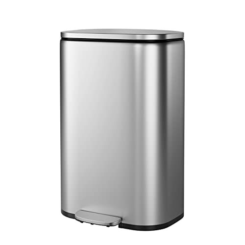 13 Gallon Stainless Steel Trash Can with Hinged Lid - Fingerprint Proof Kitchen Garbage Bin, Removable Inner Bucket & Durable Foot Pedal - Perfect for Home, Office, Indoor & Outdoor Use (Silver)