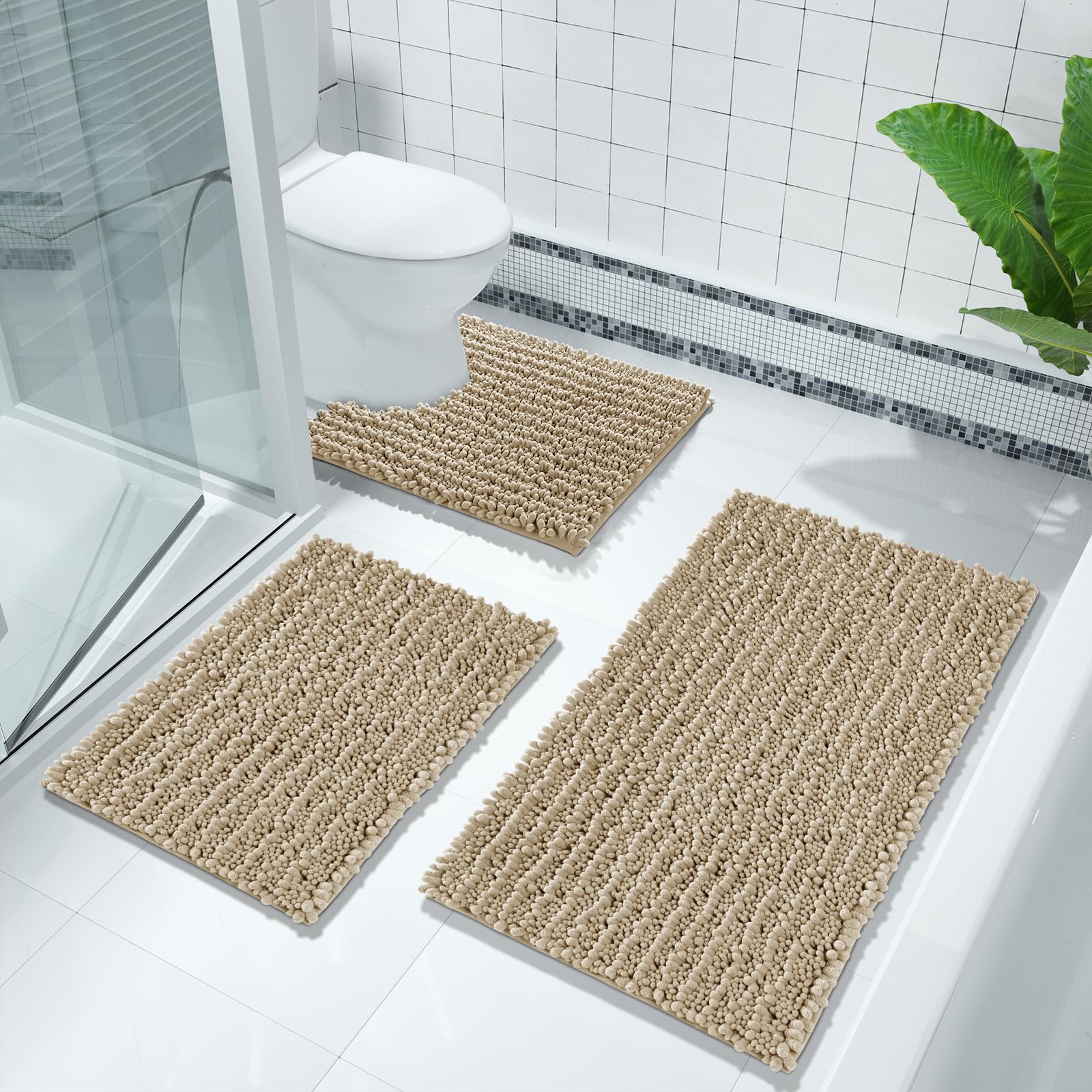 Yimobra Soft Shaggy Bath Mat 36.2 x 24 Inches - Non-Slip, Super Absorbent & Quick Dry Bathroom Rug for Floor - Machine Washable Large Bath Mat in Pale Khaki - Perfect for Bathroom, Shower & Vanity Areas