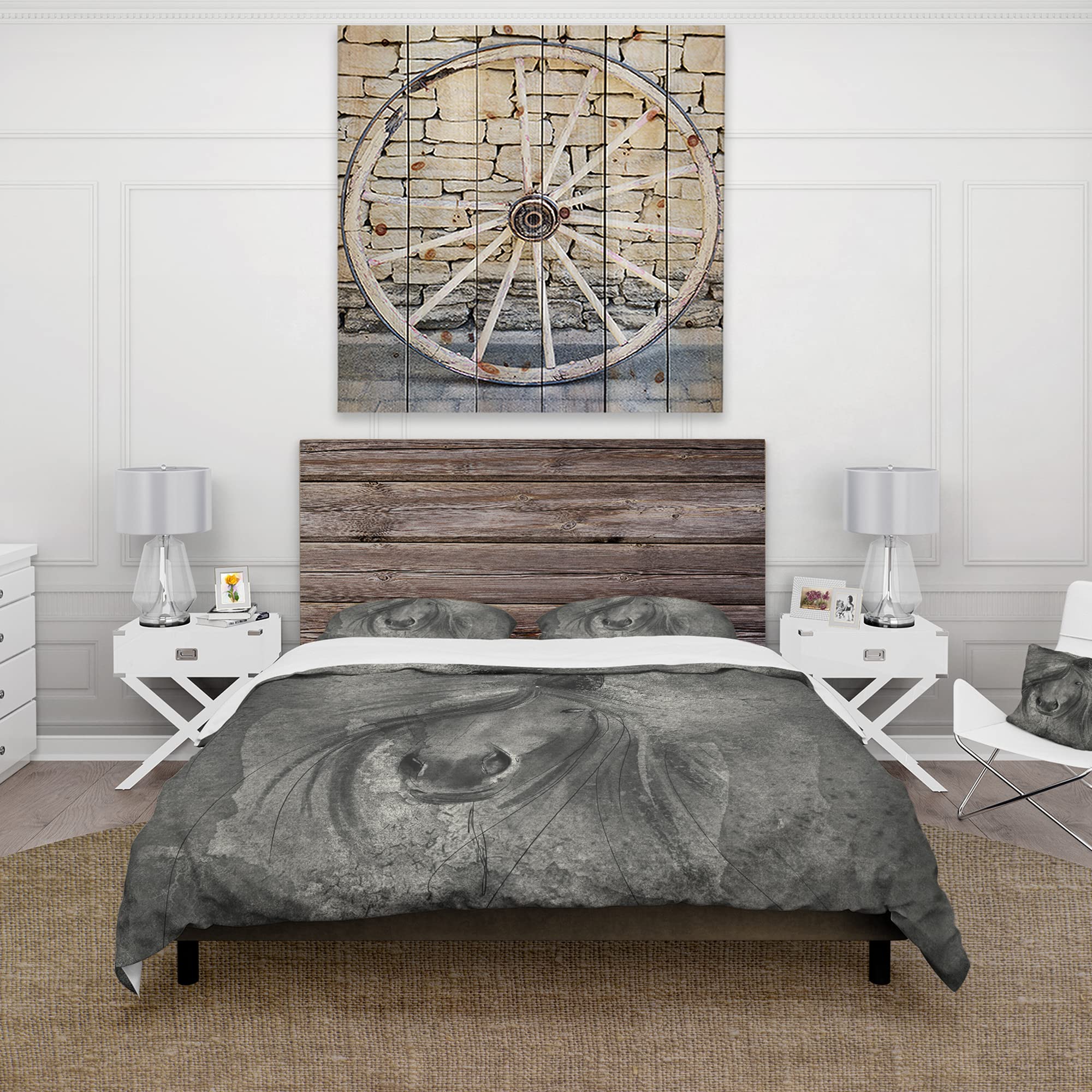 Farmhouse Horse IV Duvet Cover Set Queen Size - 3 Piece Black Farmhouse Bedding Set for All Seasons | Perfect for Rustic, Country, and Farmhouse Style Bedrooms