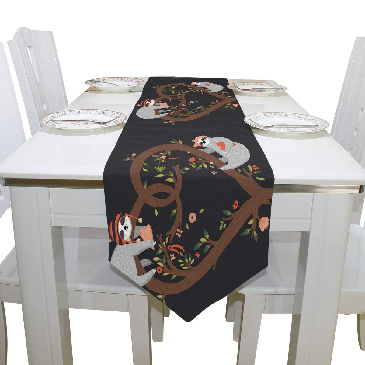 AUUXVA 13x70 Inches Long Table Runner - Cute Sloth & Floral Pattern Polyester Tablecloth for Dining, Kitchen, Coffee Table - Perfect for Home Decor, Parties, Banquets & Holiday Celebrations