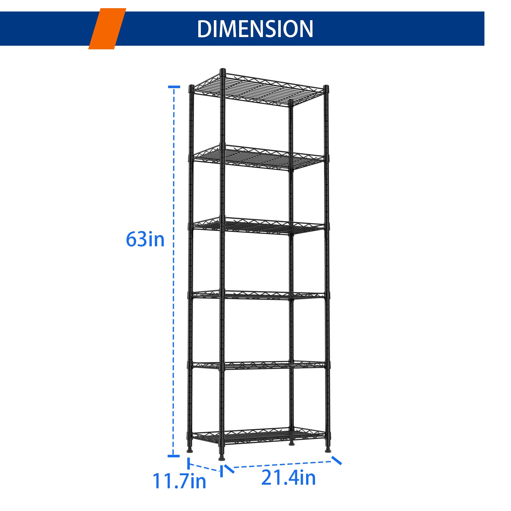 REGILLER 6-Tier Heavy Duty Steel Wire Shelving Unit - Adjustable Storage Rack for Laundry Room, Bathroom, Kitchen, Pantry & Closet Organization (Black, 11.7