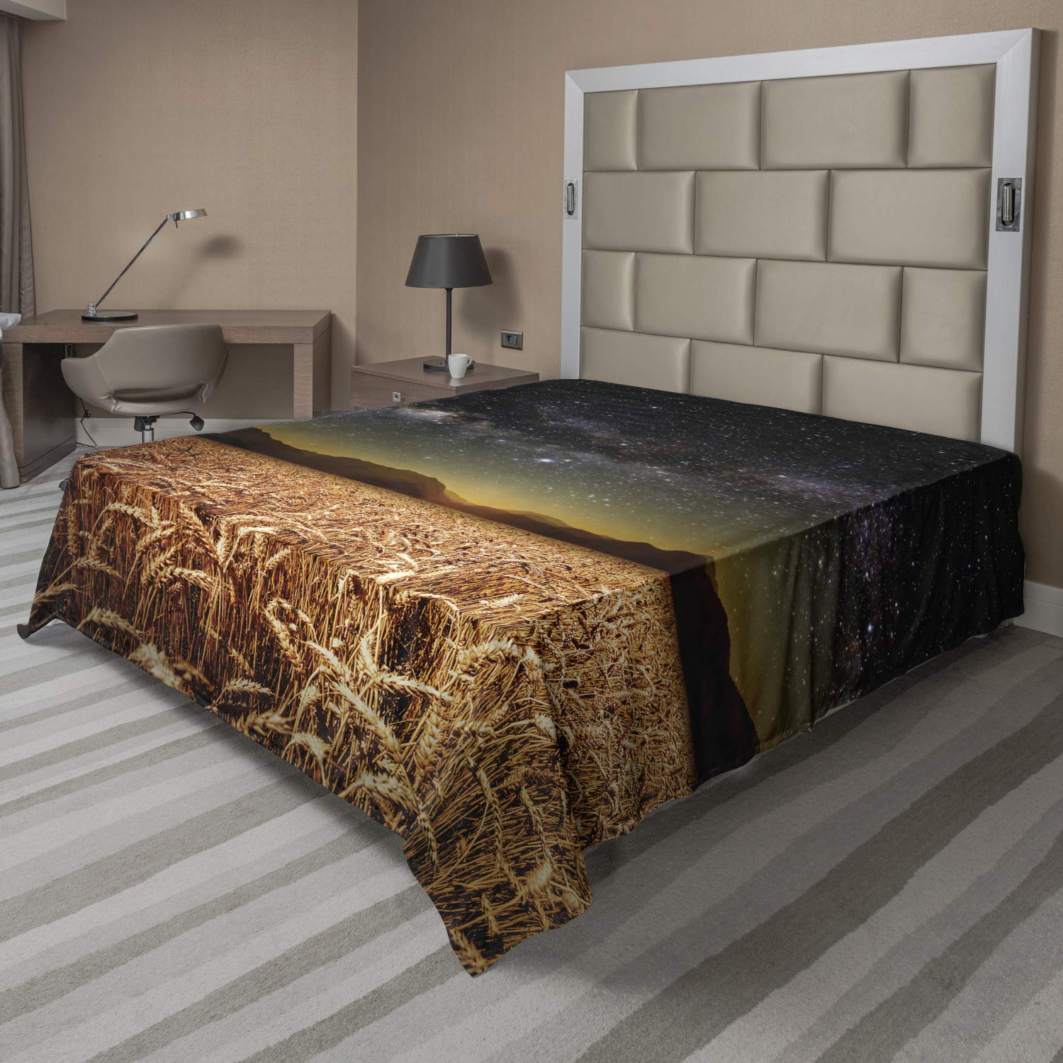 Ambesonne Queen Size Space Themed Flat Sheet - Wheat Field Meadow Under Star Clusters Twilight Art Print | Soft Comfortable Decorative Bedding for Home, Dorm & Guest Room | Tan Grey 90x102 Inches