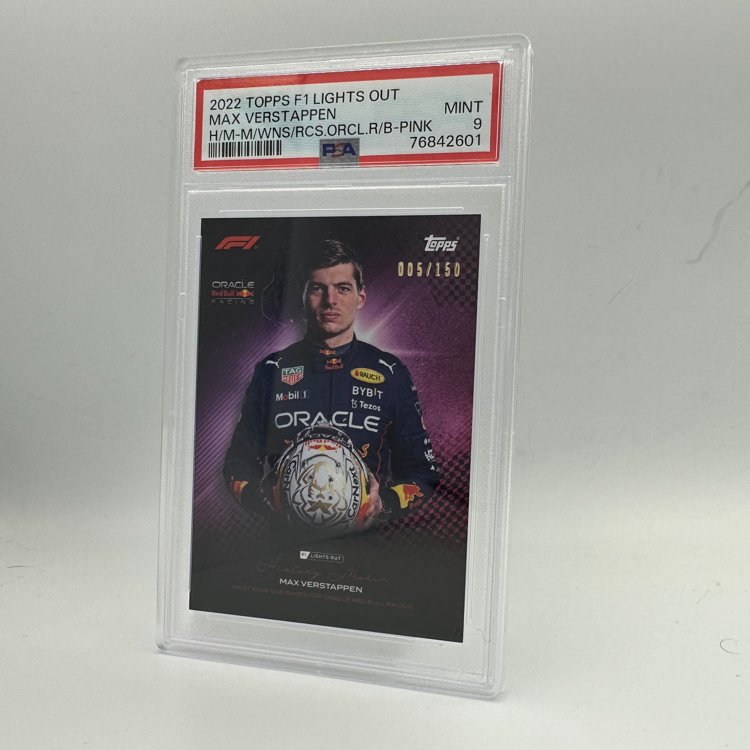 PSA 9 Graded Max Verstappen 005/150 Pink Racing Card - F1 World Champion, Record Holder for Most Wins - Perfect for Sports Memorabilia Collectors and Formula 1 Fans Display