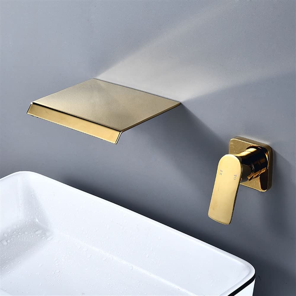 XXZY Waterfall Bathroom Sink Faucet - Wall Mount Brass Single Handle Mixer Tap with Chrome Finish for Hot/Cold Water - Modern Gold Basin Faucet for Bathroom Vanity & Powder Room Decor