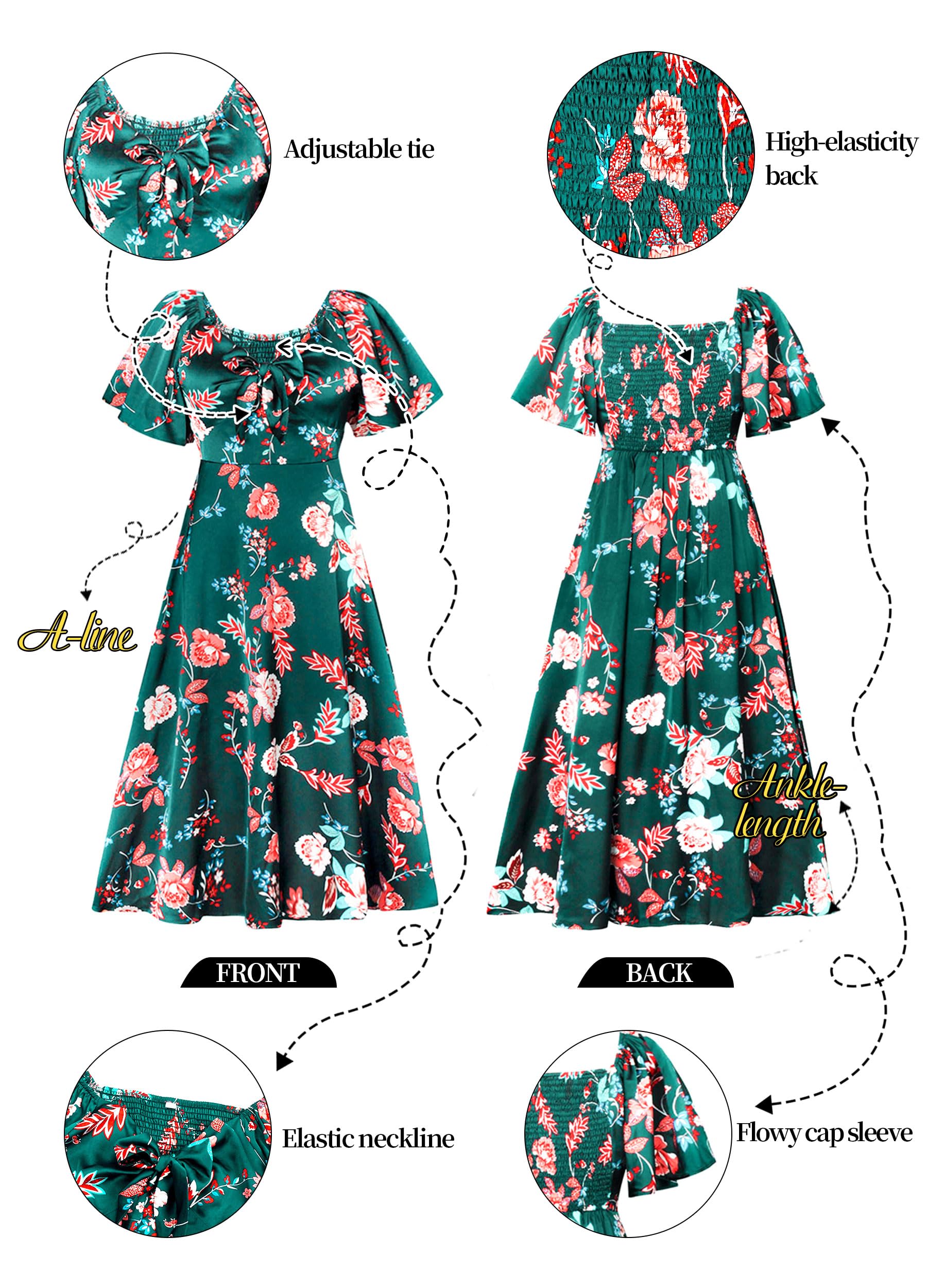 Fashionme Women's Maxi Dress 2025 - Elegant Deep V Neck, Bow Tie Front, Cap Sleeve Floral Satin Smocked Dress for Summer | Perfect for Weddings, Parties & Beach Vacations