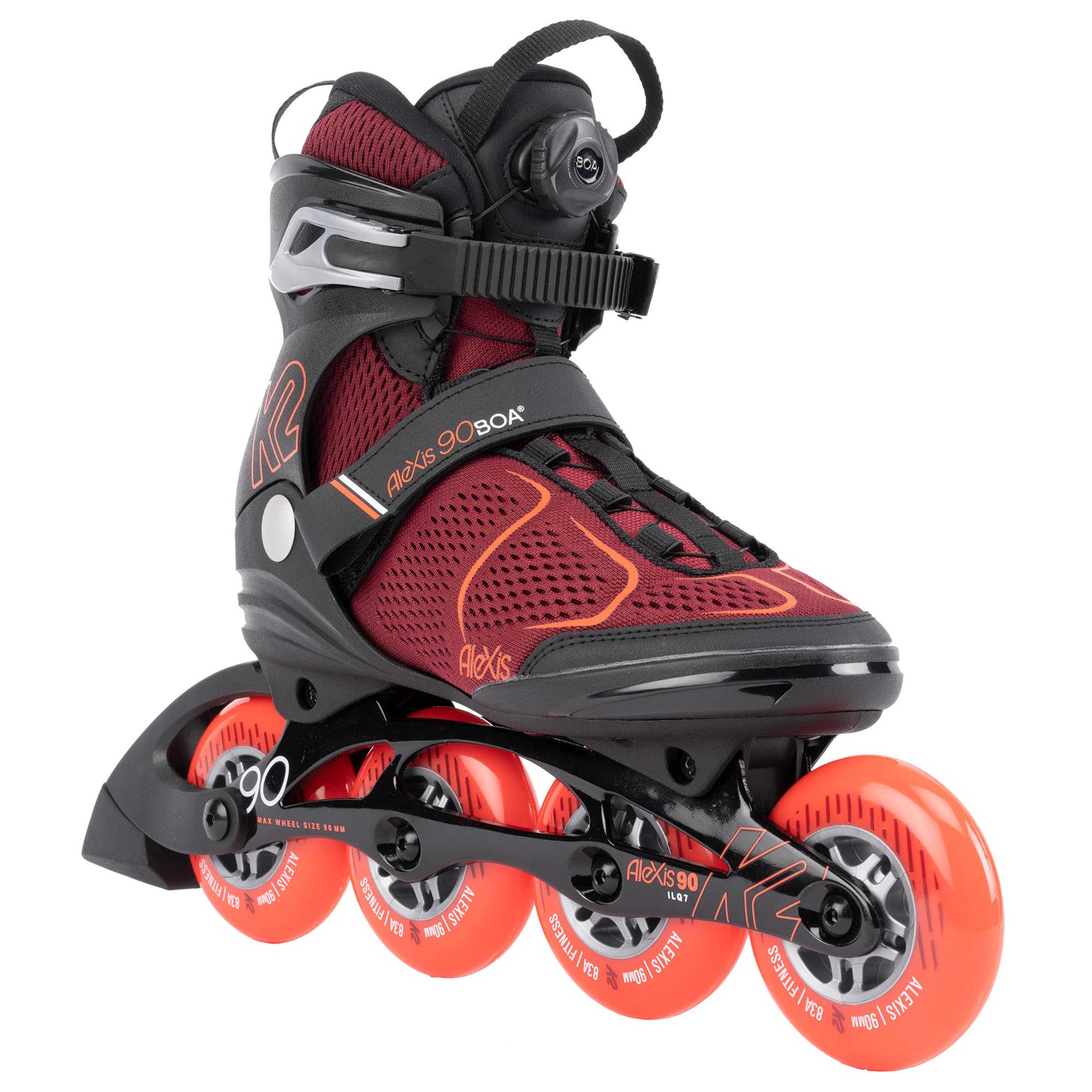 K2 Alexis 90 BOA Women's Inline Skates - Burgundy/Orange - Comfortable & Adjustable Skates for Fitness, Outdoor Rollerblading & Recreation