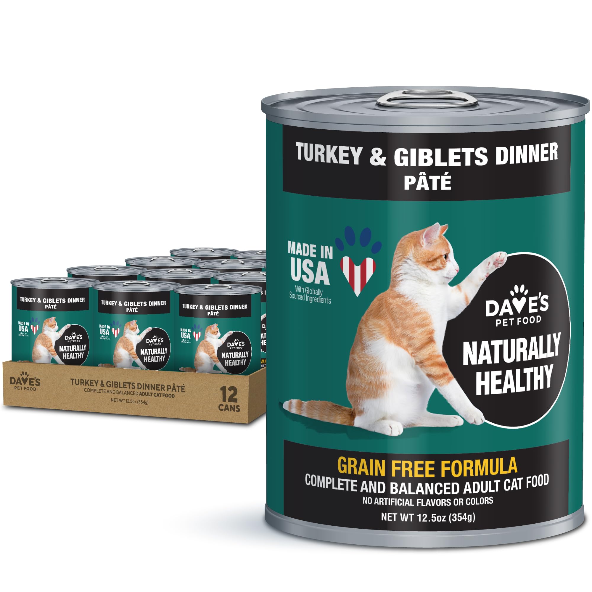 Dave's Pet Food Grain Free Canned Cat Food - Turkey & Giblets Pate - Made in USA - Natural Healthy Wet Cat Food - 12.5 oz Cans (12 Pack) - Perfect for Adult Cats & Kittens with Sensitive Stomachs
