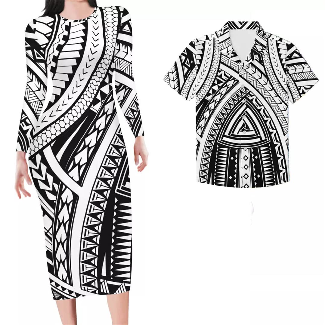 Women's Long Sleeve Polynesian Striped Print Maxi Dress - Boho Beach Cover Up, Summer Vacation Outfit, Couple Matching Dress for Date Night