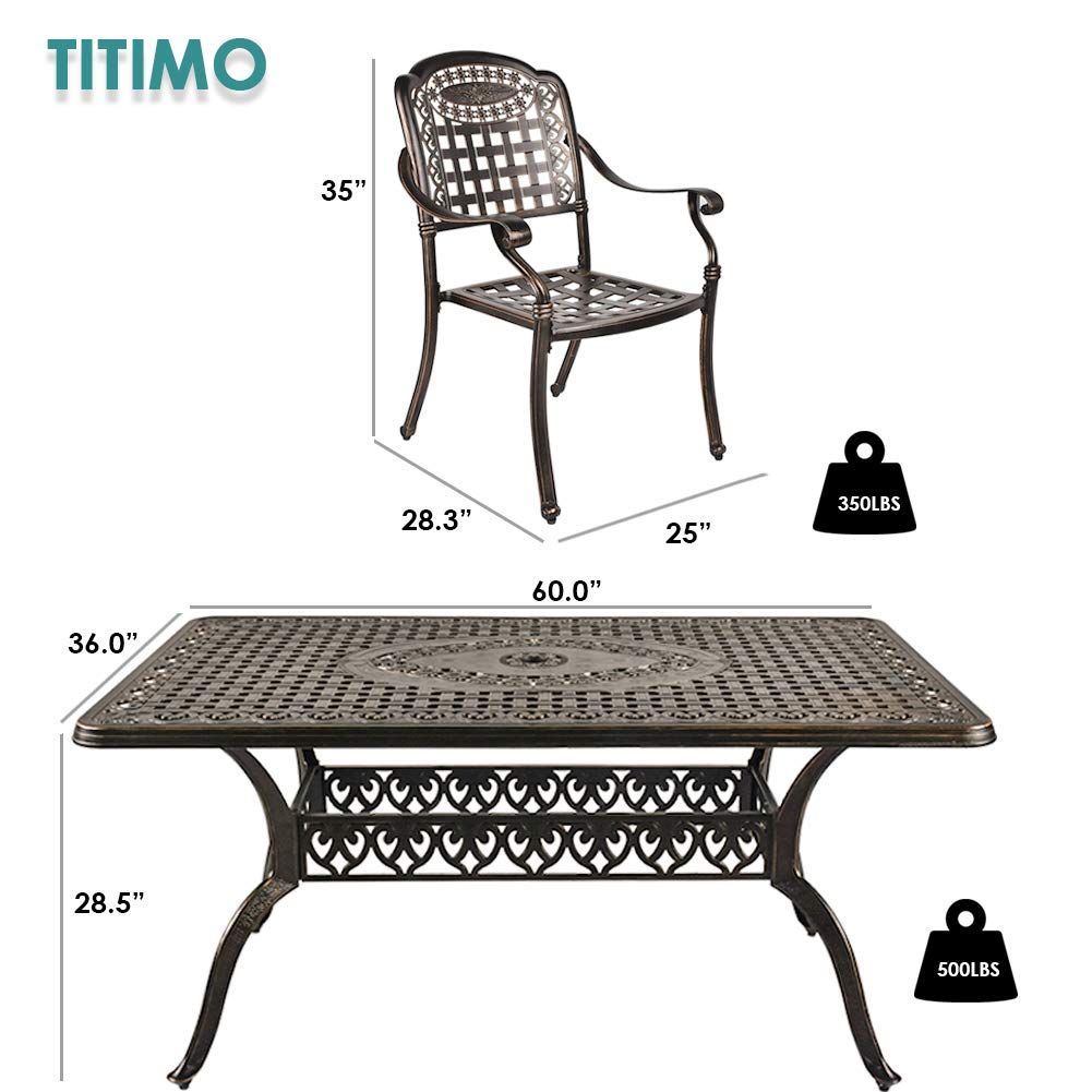 TITIMO 7-Piece Outdoor Dining Set - All-Weather Cast Aluminum Patio Furniture with 6 Chairs & 1 Rectangle Table (Umbrella Hole Included) for Garden, Deck, Backyard - Perfect for Outdoor Entertaining & Relaxation
