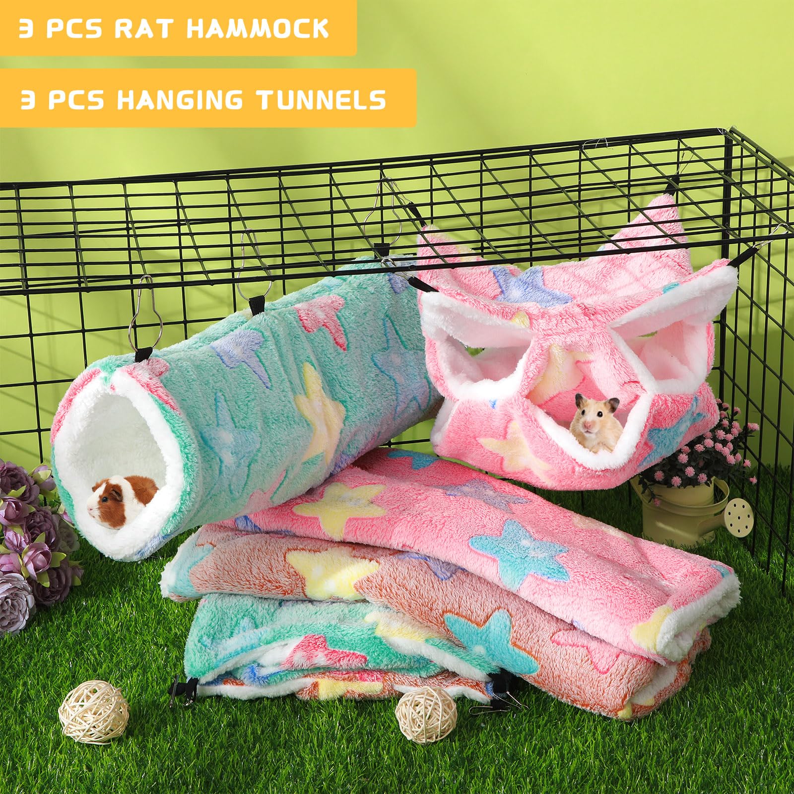 Sweetude 6-Piece Rat Hammocks Set - Ferret Hanging Tunnel & Sugar Glider Toy - Small Animal Hideout Bed for Cage - Guinea Pig & Hamster Accessories (Dreamy) - Perfect for Small Pets' Playtime & Nap Time