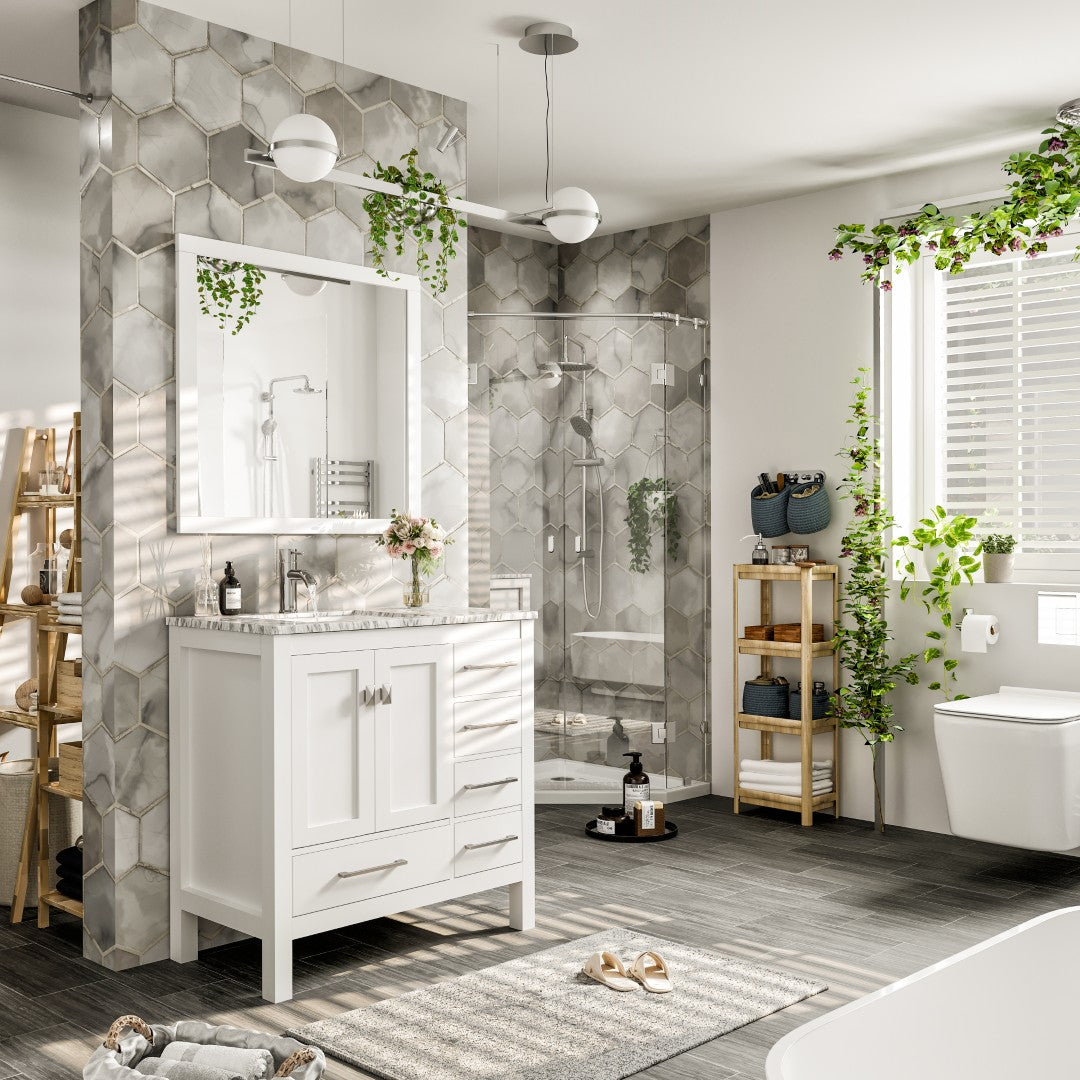 Eviva London 36 X 18 Inch White Bathroom Vanity with Marble Countertop - Modern Bathroom Furniture for Small Spaces, Perfect for Apartments & Powder Rooms