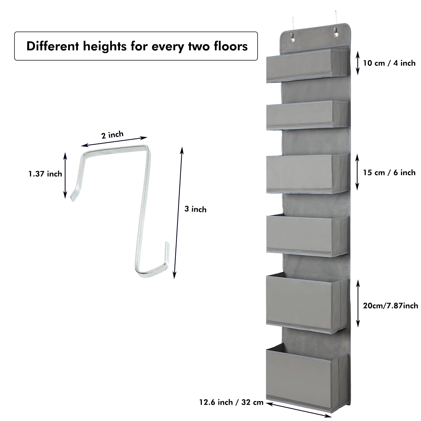 2-Pack Grey 6-Shelf Over Door Hanging Organizer - Fabric Wall Mount Storage with Hooks for Stationery, Sundries & Small Items - Perfect for Bedroom, Bathroom, Closet & Office Organization