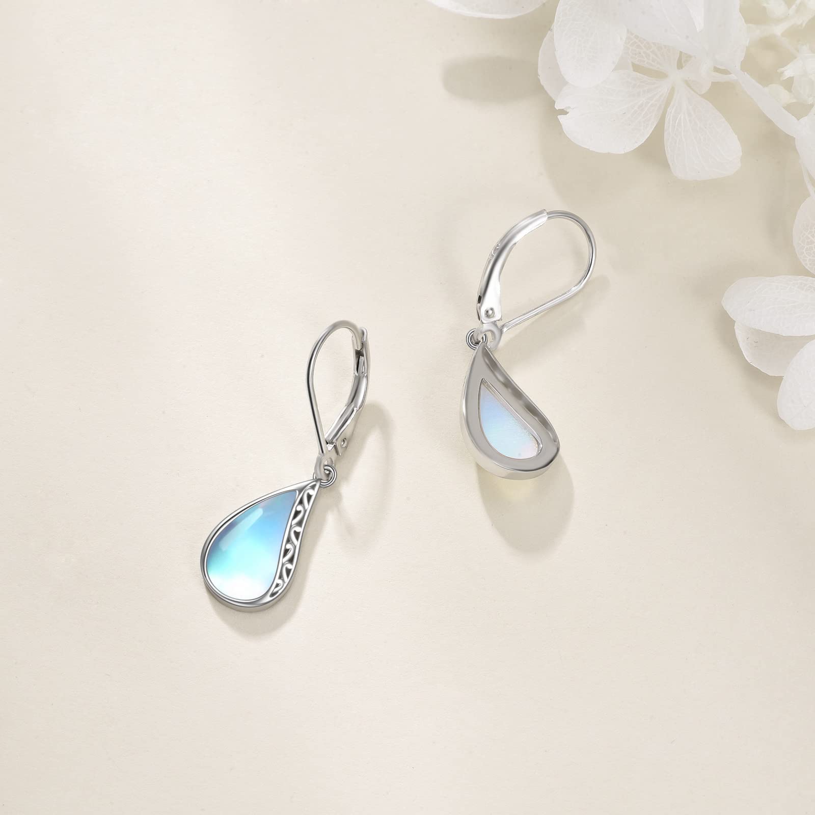 POPLYKE Sterling Silver Teardrop Larimar Moonstone Leverback Earrings for Women - Infinity Dangle Earrings, Elegant Birthday Gifts for Her, Perfect for Weddings, Parties & Special Occasions