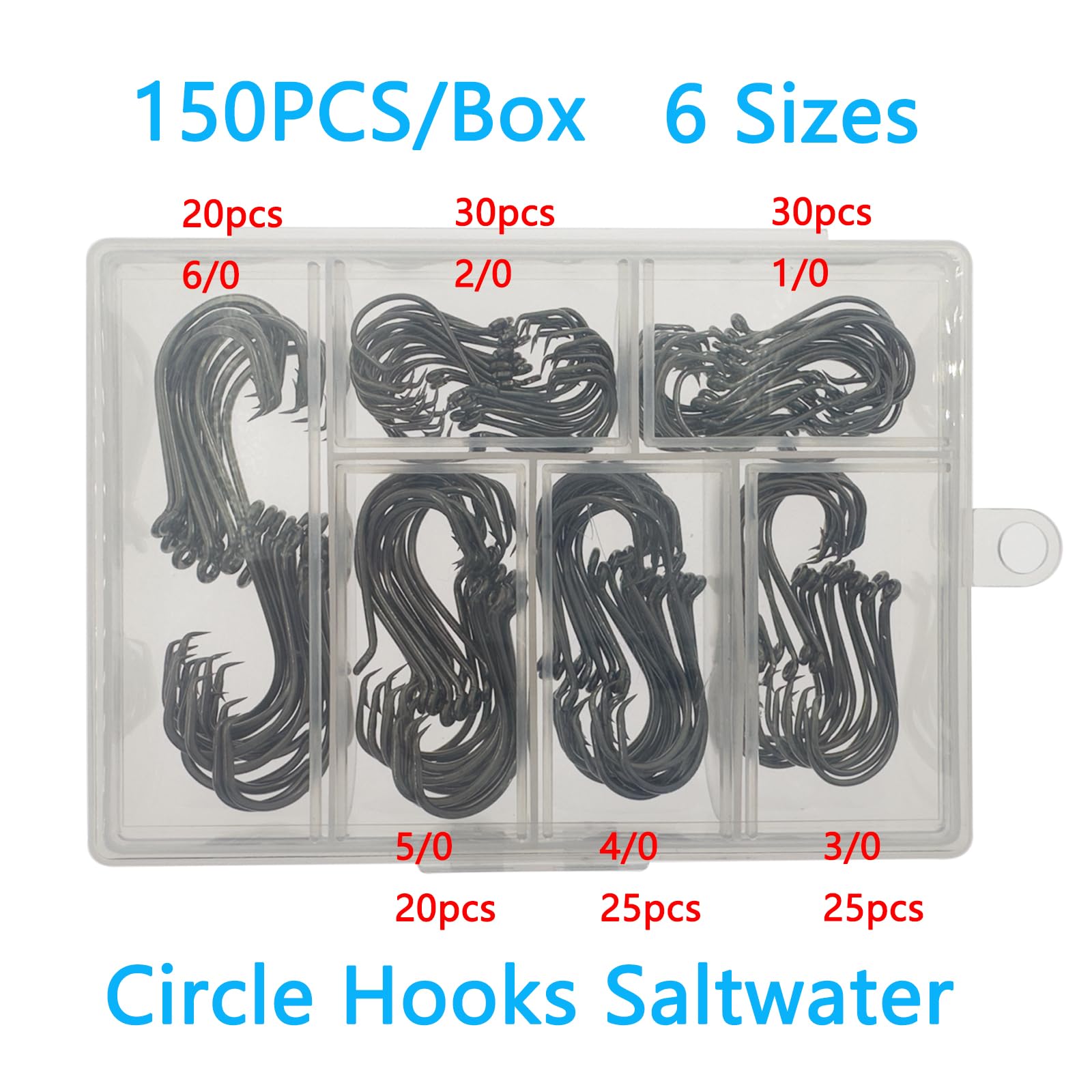 **150pcs Saltwater Fishing Circle Hooks - 6 Sizes High Carbon Steel Octopus & Catfish Hooks with Portable Plastic Box - Ideal for Deep Sea, Surf, and Freshwater Fishing**