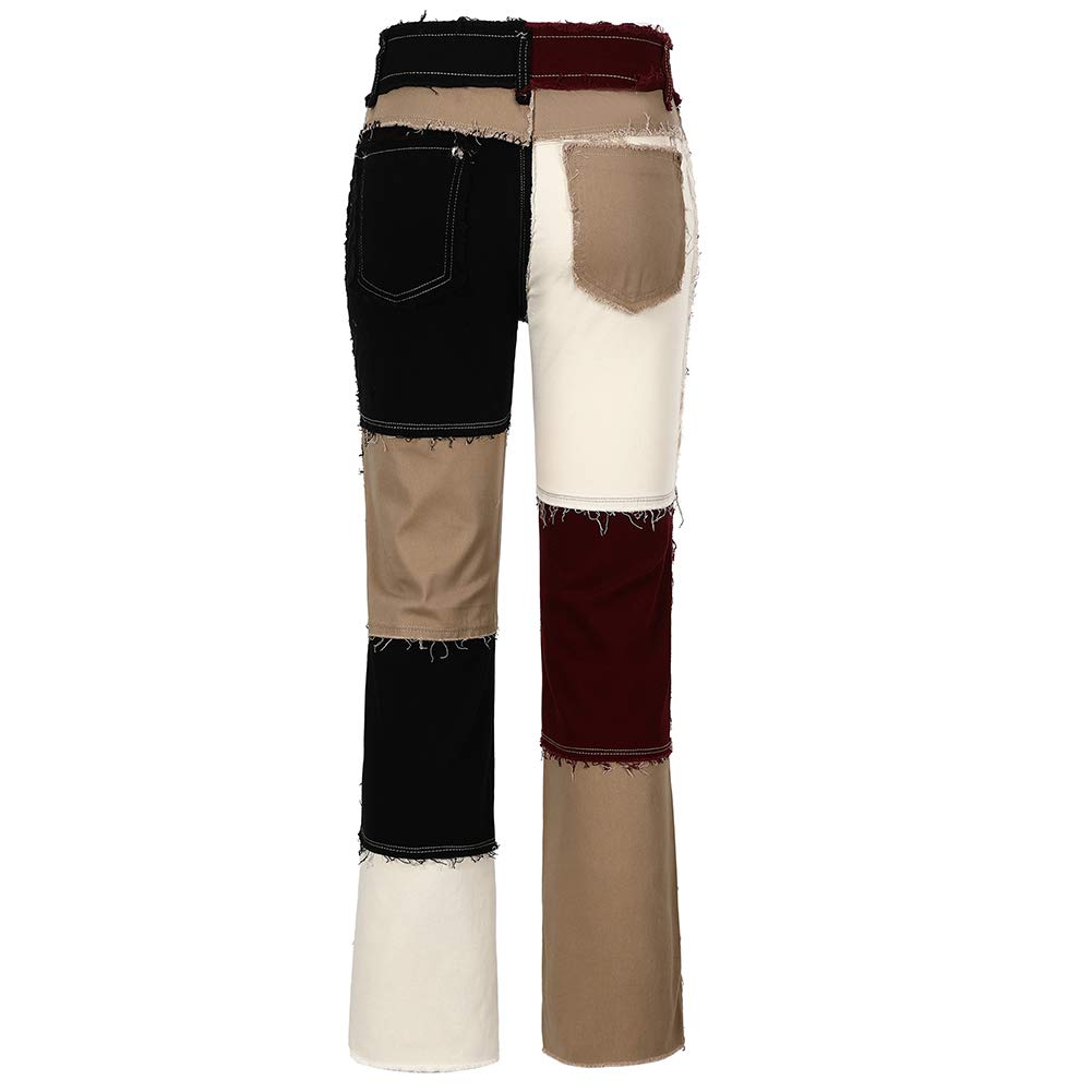 THUNDER STAR Women's Patchwork Straight Leg Jeans - Mid Rise Stretch Denim Pants with Frayed Hem | Casual Everyday Wear & Street Style Outfits