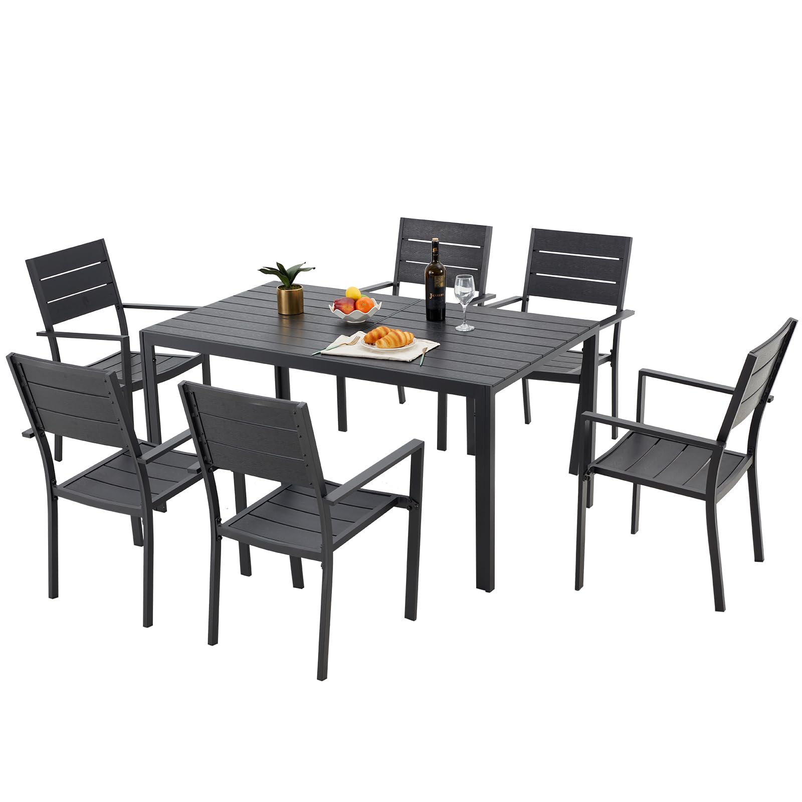 U-MAX 7-Piece Aluminum Outdoor Dining Set - Modern Patio Table and 6 Stackable Chairs for Garden, Backyard, Poolside - Durable Black Aluminum Frame Furniture for Outdoor Entertaining & Relaxation
