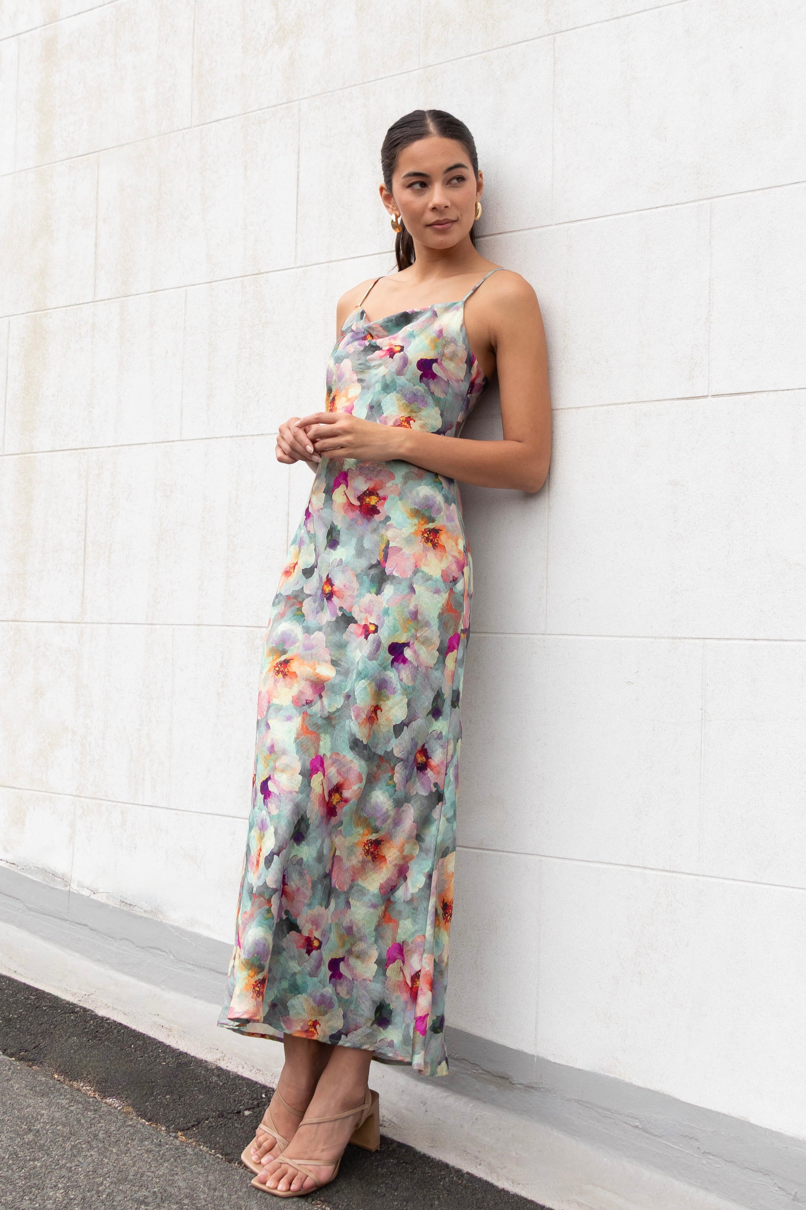 Lavish Blue Multi Floral Tie Back Bias Slip Dress - Elegant Summer Midi Dress for Women, Perfect for Beach Vacations, Date Nights & Special Occasions