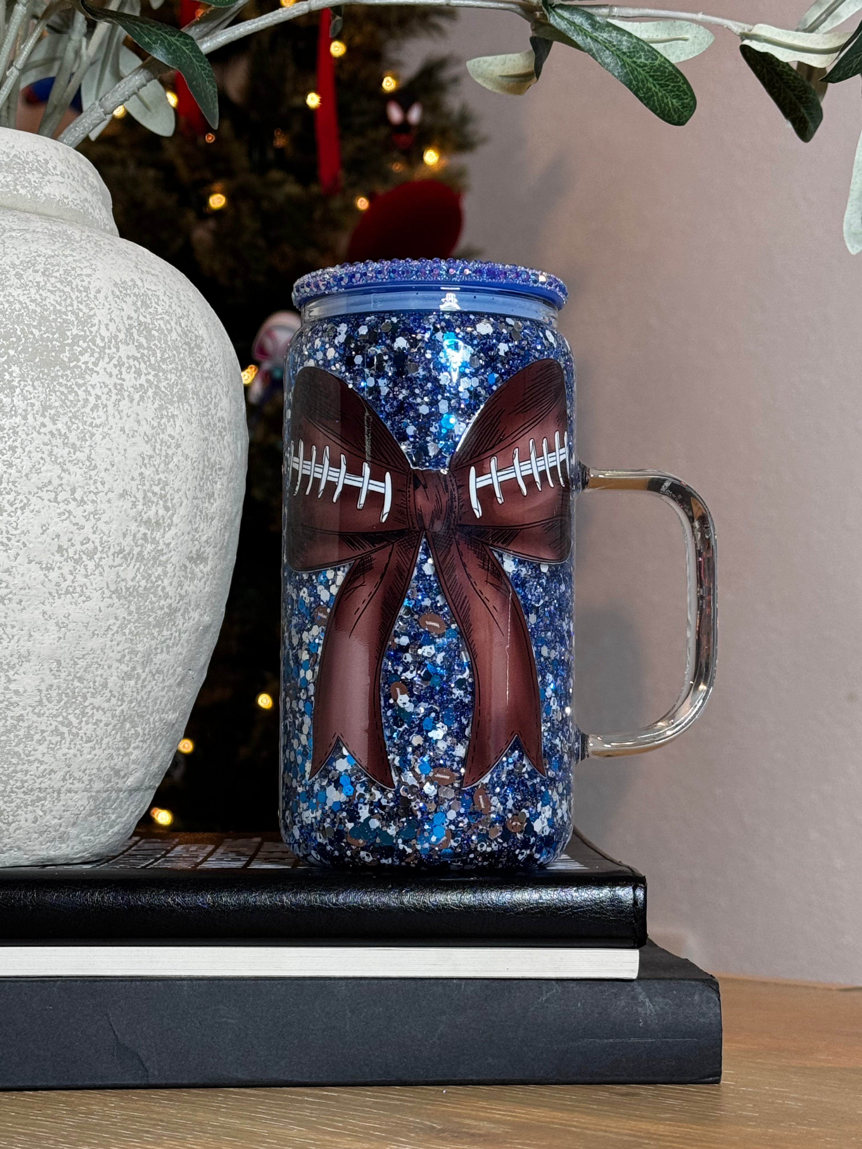 #123 Football Bow 16oz Insulated Tumbler Cup with Lid and Straw - Perfect for Tailgating, Sports Games, and Outdoor Parties