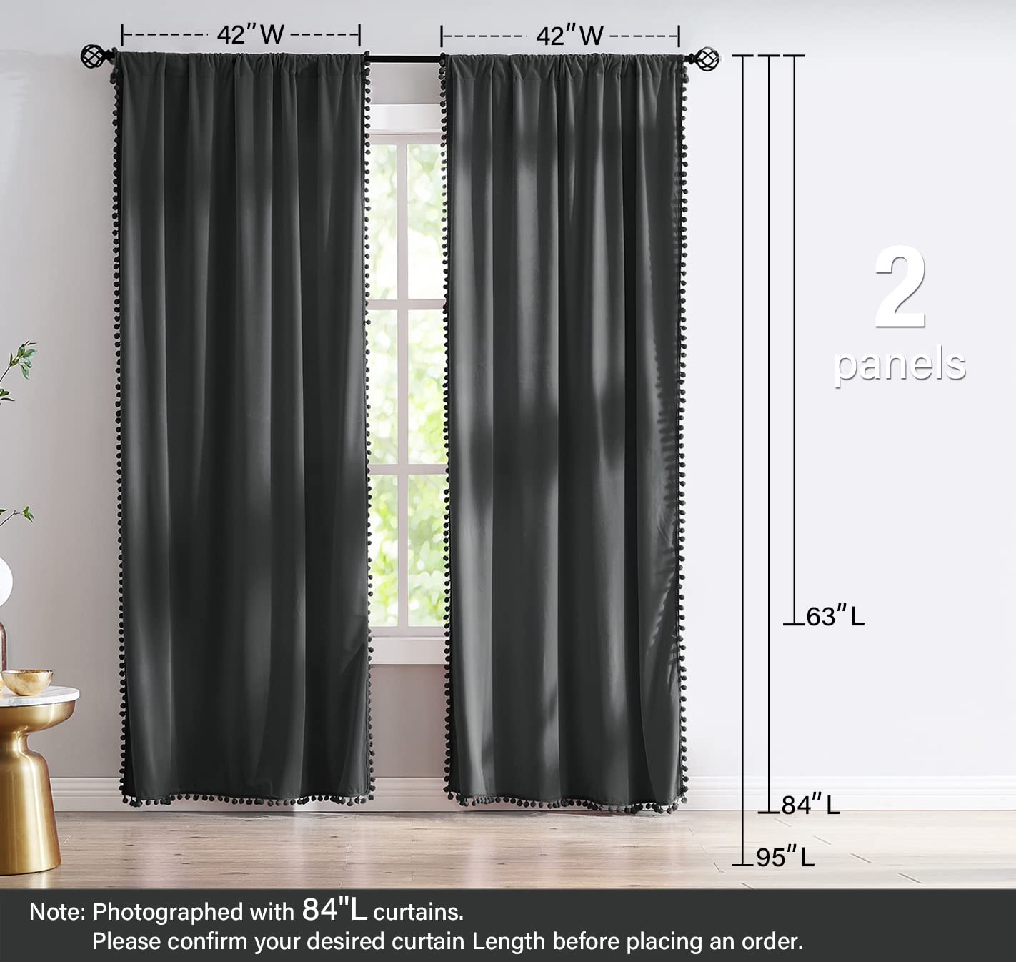 Black Velvet Pompom Curtains 84 Inch Long - Room Darkening Window Drapes for Bedroom & Living Room - 42 Inch Wide x 2 Panels - Elegant Home Decor for Cozy Nights & Movie Time