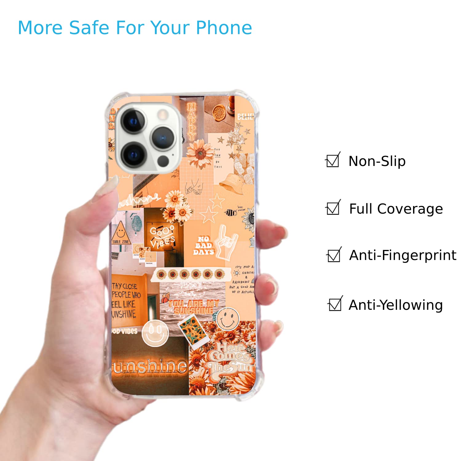 Trendy Orange Floral Collage iPhone 13 Pro Max Case - Soft TPU Bumper with Positive Quotes & Sunshine Design, Aesthetic Protective Cover for Women & Teens | Perfect for School, Work & Everyday Use