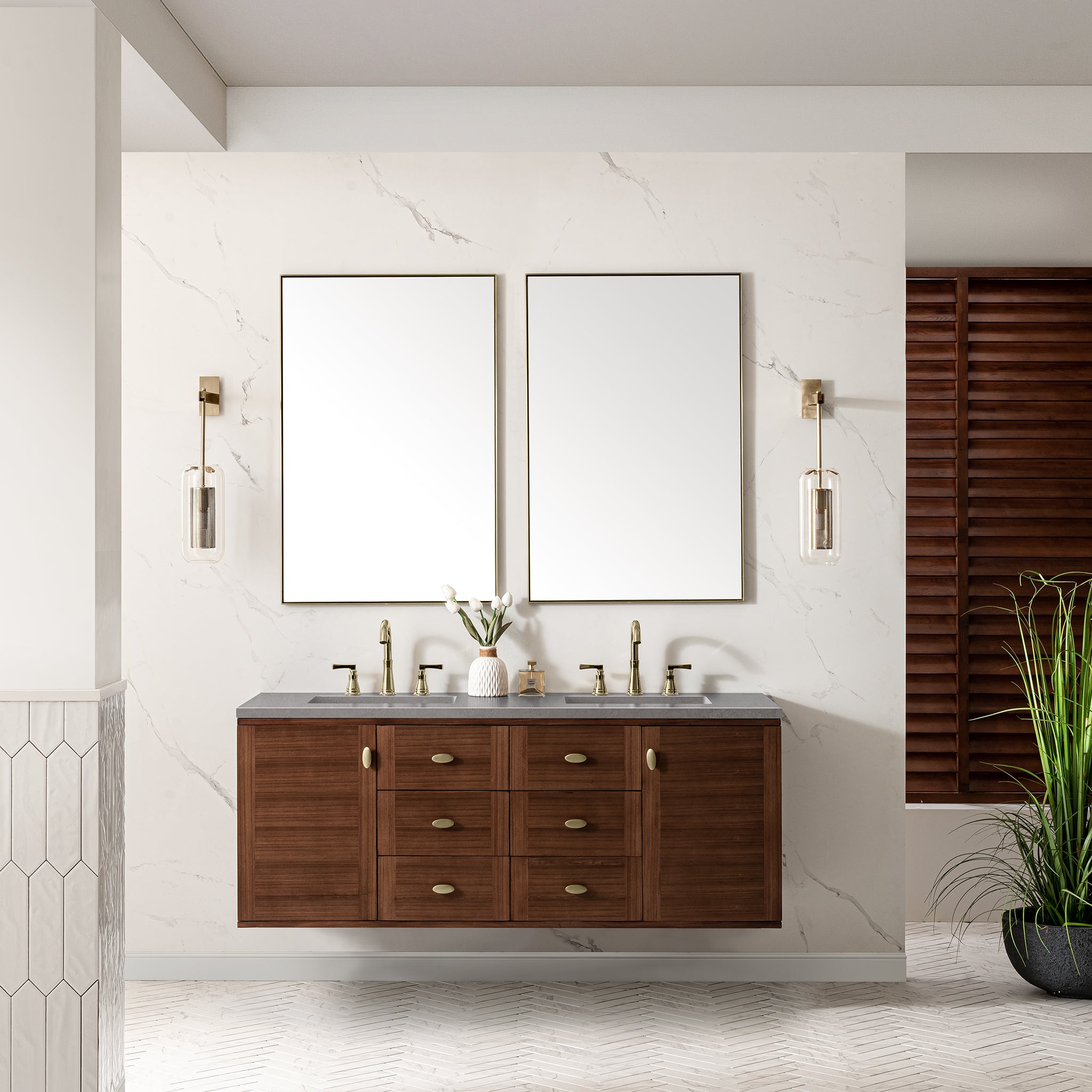 Amberly 60 Inch Double Bathroom Vanity with 3CM Eternal Serena Top - Mid Century Modern Walnut Design for Master Bathroom or Guest Bath Remodel