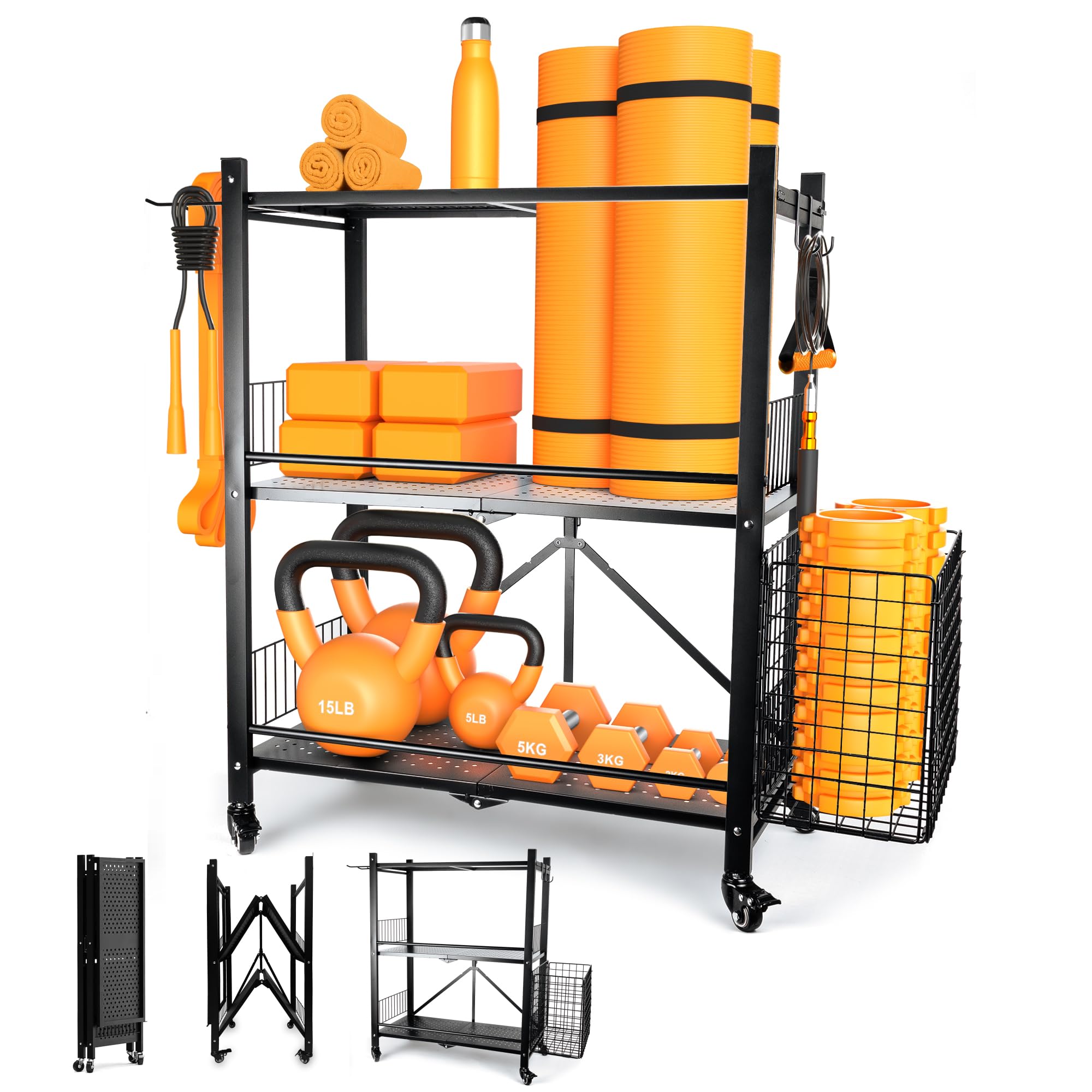 London & Byrd Heavy Duty Steel Home Gym Storage Rack with Wheels, Basket & Hooks - Quick Assembly in Minutes - Perfect for Yoga Mats, Kettlebells & Dumbbells - Ideal for Home Workouts & Garage Gym Organization