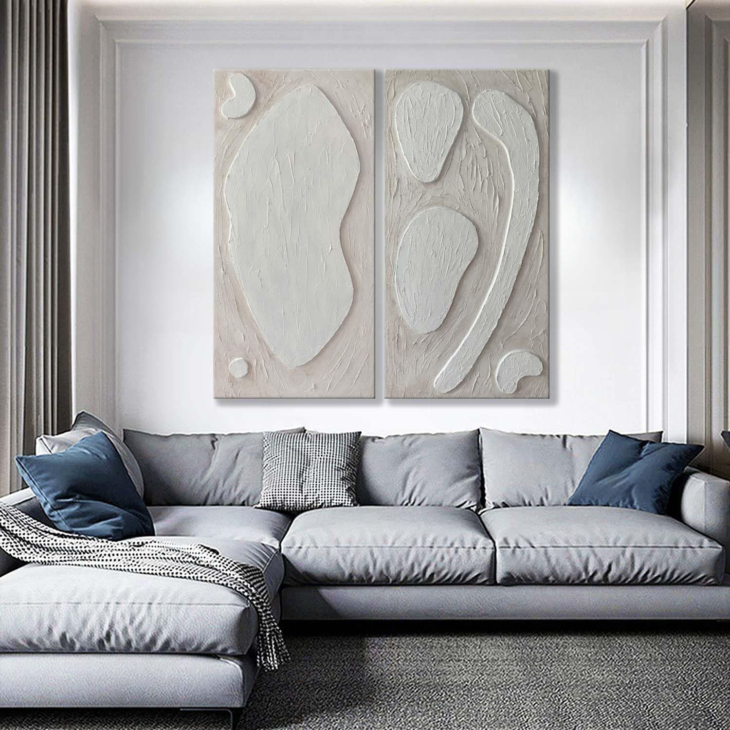 Yao or Miao White Textured Abstract Canvas Wall Art - 24x48 Inch 3D Hand Painted Oil Painting, Large Vertical Plaster Wall Decor for Living Room, Bedroom & Office | Modern Home & Office Decor
