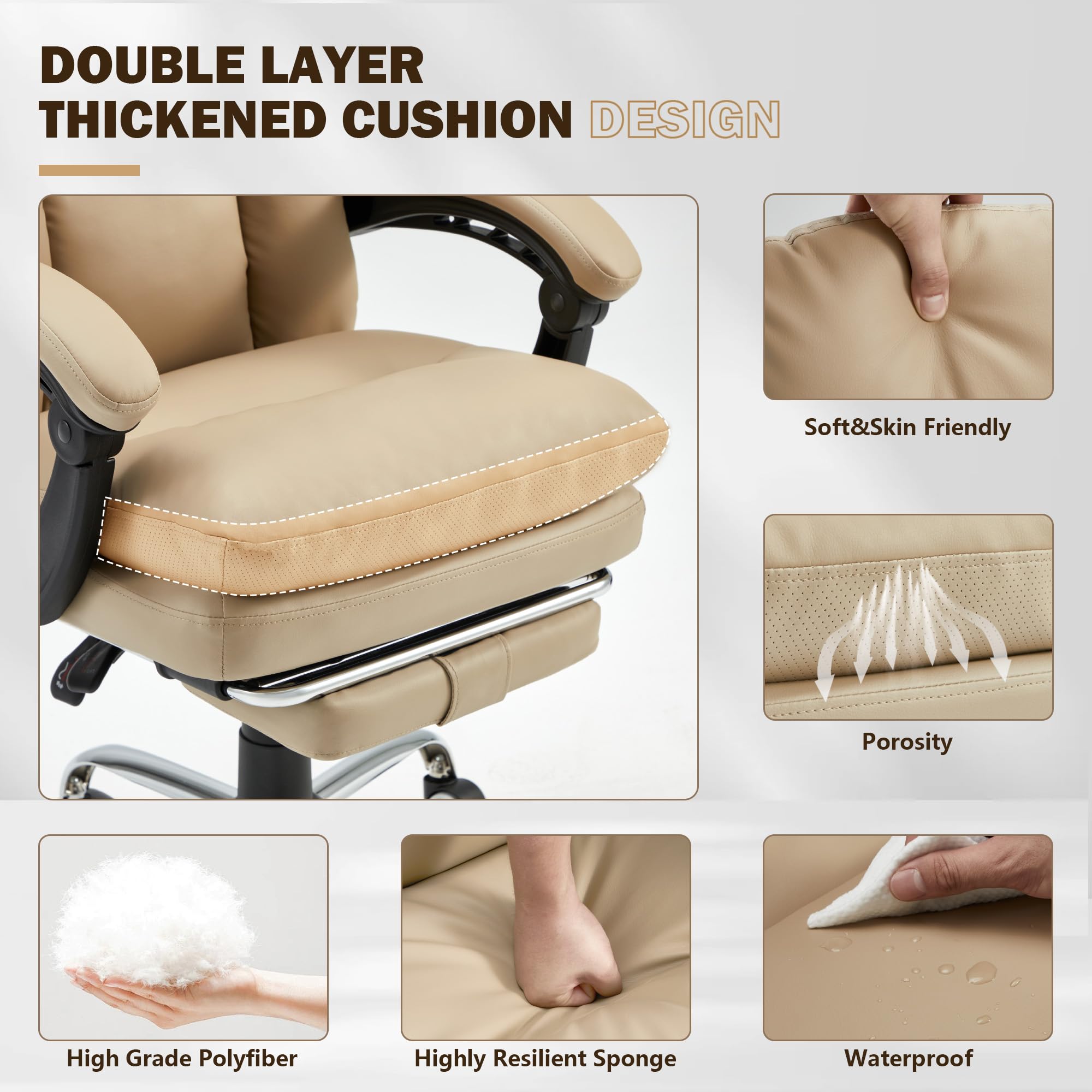 HOMREST Ergonomic Office Chair with 6-Point Massage & Heating, Adjustable Executive Desk Chair with Footrest - PU Leather Home Office Chair for Back Pain Relief, Perfect for Work from Home & Office Use (Khaki)