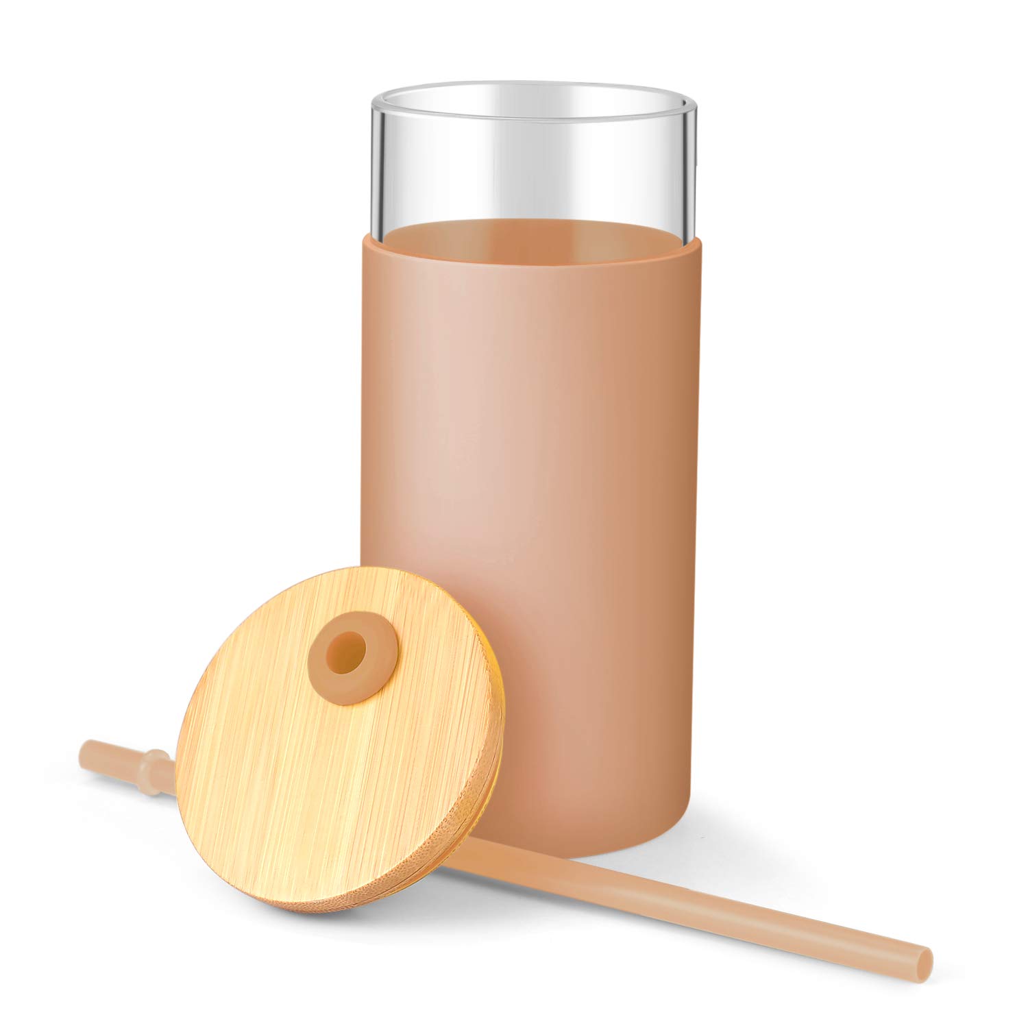 20 oz Glass Tumbler with Bamboo Lid & Silicone Sleeve - BPA Free Reusable Water Bottle with Straw - 8 Pack Amber Tumbler Set for Home, Office, Travel & Outdoor Activities