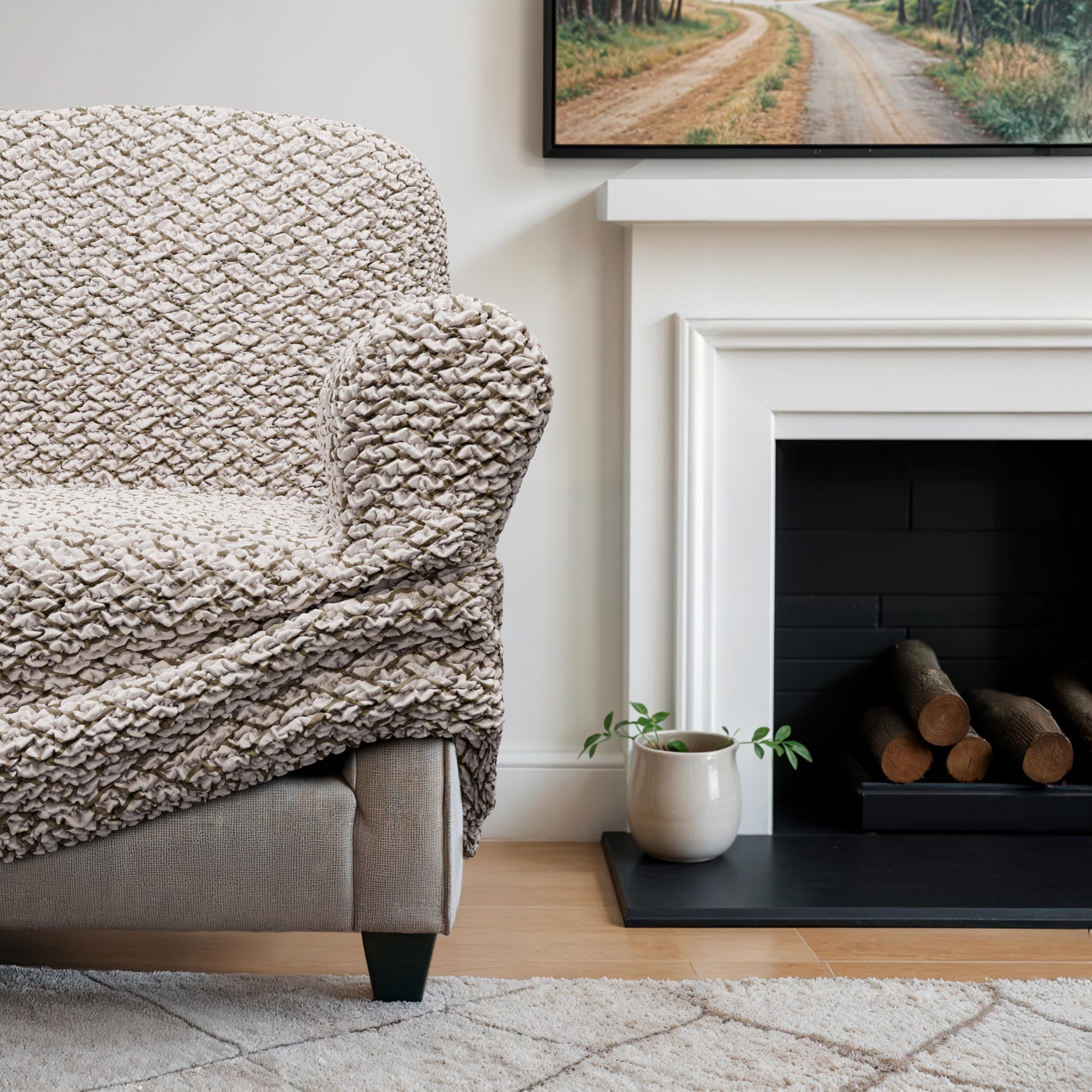 PAULATO BY GA.I.CO. Oversized Loveseat Slipcover - Stretch Sofa Cover for 2-Seater Couches - Washable Microfiber Protector in Venezia Cream Print - Perfect for Living Room, Bedroom & Home Decor