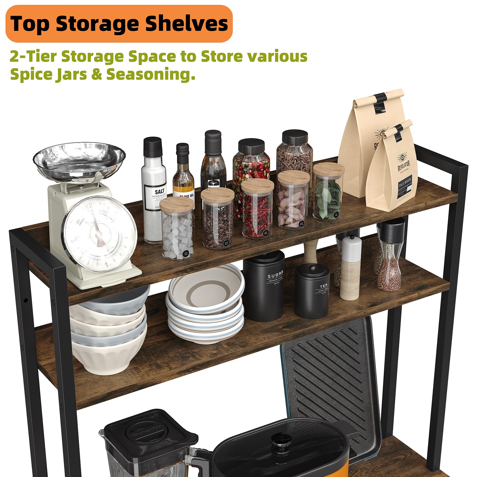 Furniouse 5-Tier Industrial Baker's Rack with Power Outlet & Storage Cabinet - Rustic Brown Kitchen Microwave Stand for Small Spaces | Perfect for Baking, Cooking & Kitchen Organization