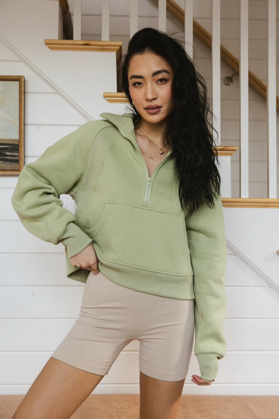 Alyssa Half Zip Pullover Sweatshirt in Sage Green - Women's Casual Loungewear for Fall & Winter | FINAL SALE