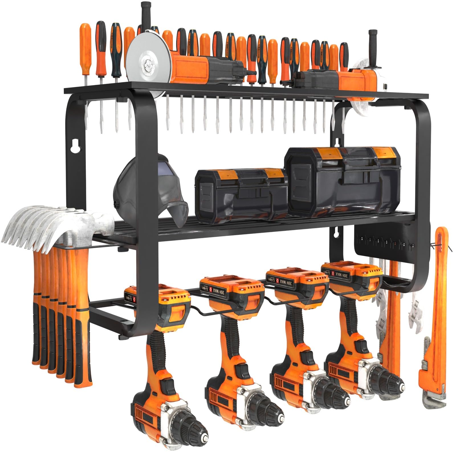 3-Tier Wall Mount Power Tool Organizer - Heavy Duty 200-Lbs Capacity Metal Storage Rack with 4 Drill Holders & 4 Slots - Matte Black Garage Workshop Tool Shelf for Cordless Tools | Perfect for Garage Organization, DIY Projects & Professional Workspaces