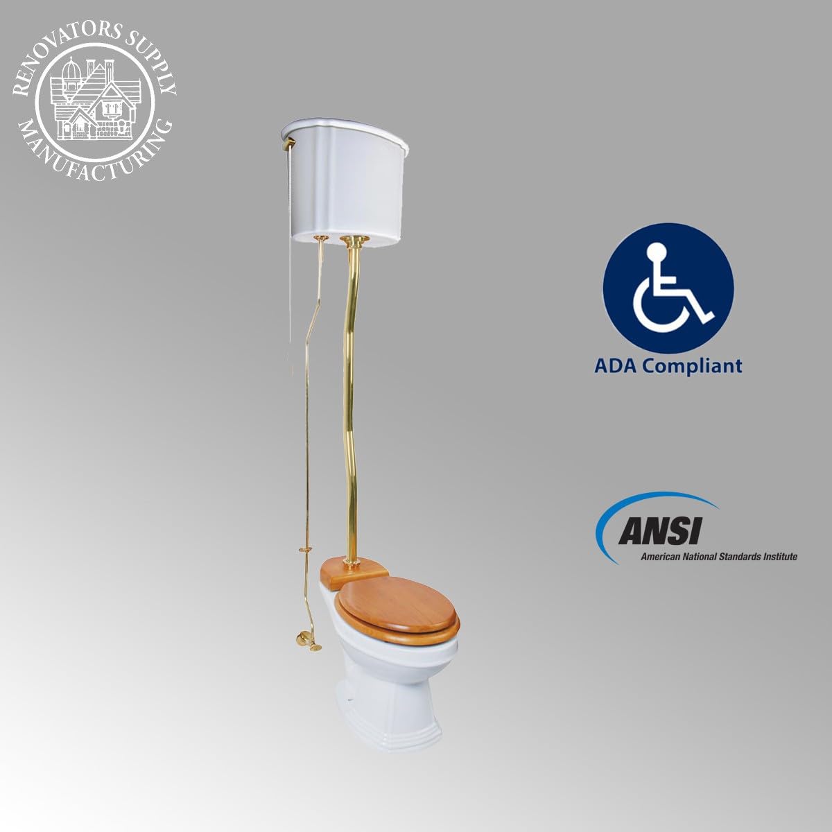 High Tank Pull Chain Toilet with White Ceramic Tank (63-78 Inch Adjustable Height) - Brass Z Pipe & Elongated Bowl | Vintage Bathroom Renovation, Farmhouse Style Restroom Upgrade, Historical Home Restoration
